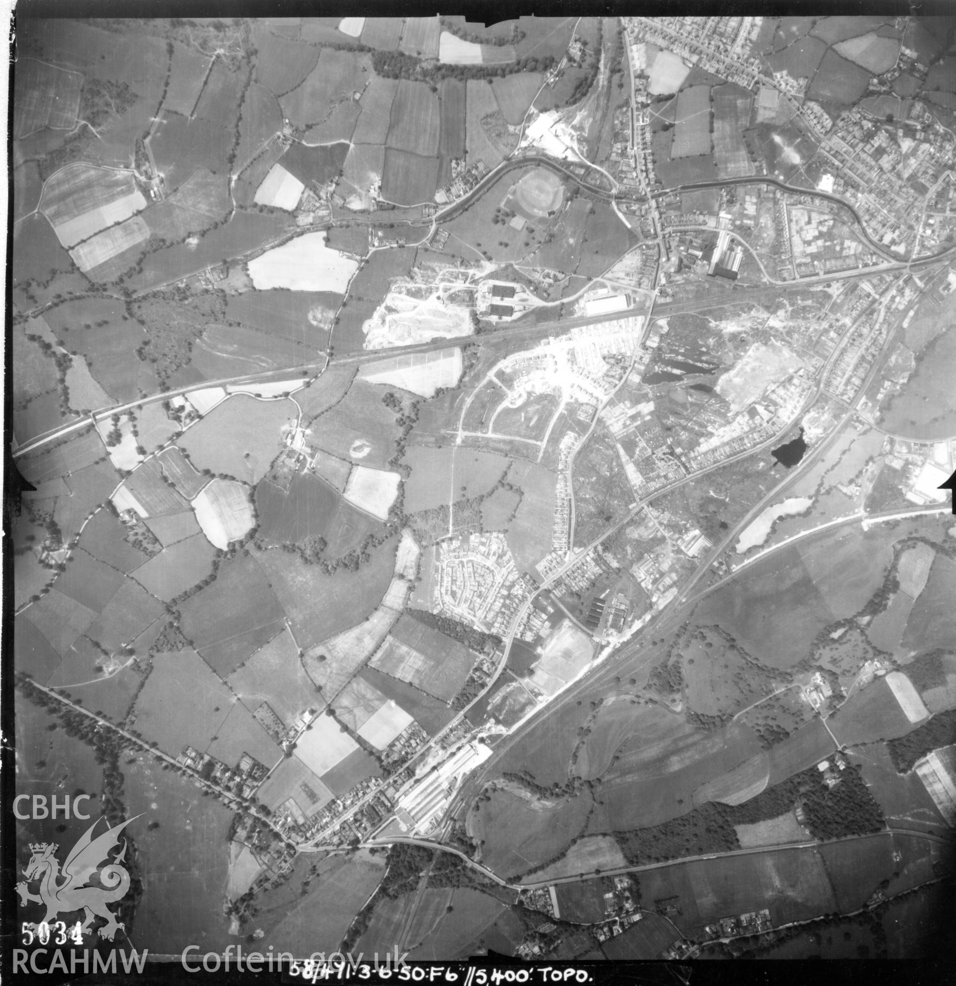 Aerial photograph of Cwmbran, taken on 3rd June 1950. Included as part of Archaeology Wales' desk based assessment of former Llantarnam Community Primary School, Croeswen, Oakfield, Cwmbran, conducted in 2017.