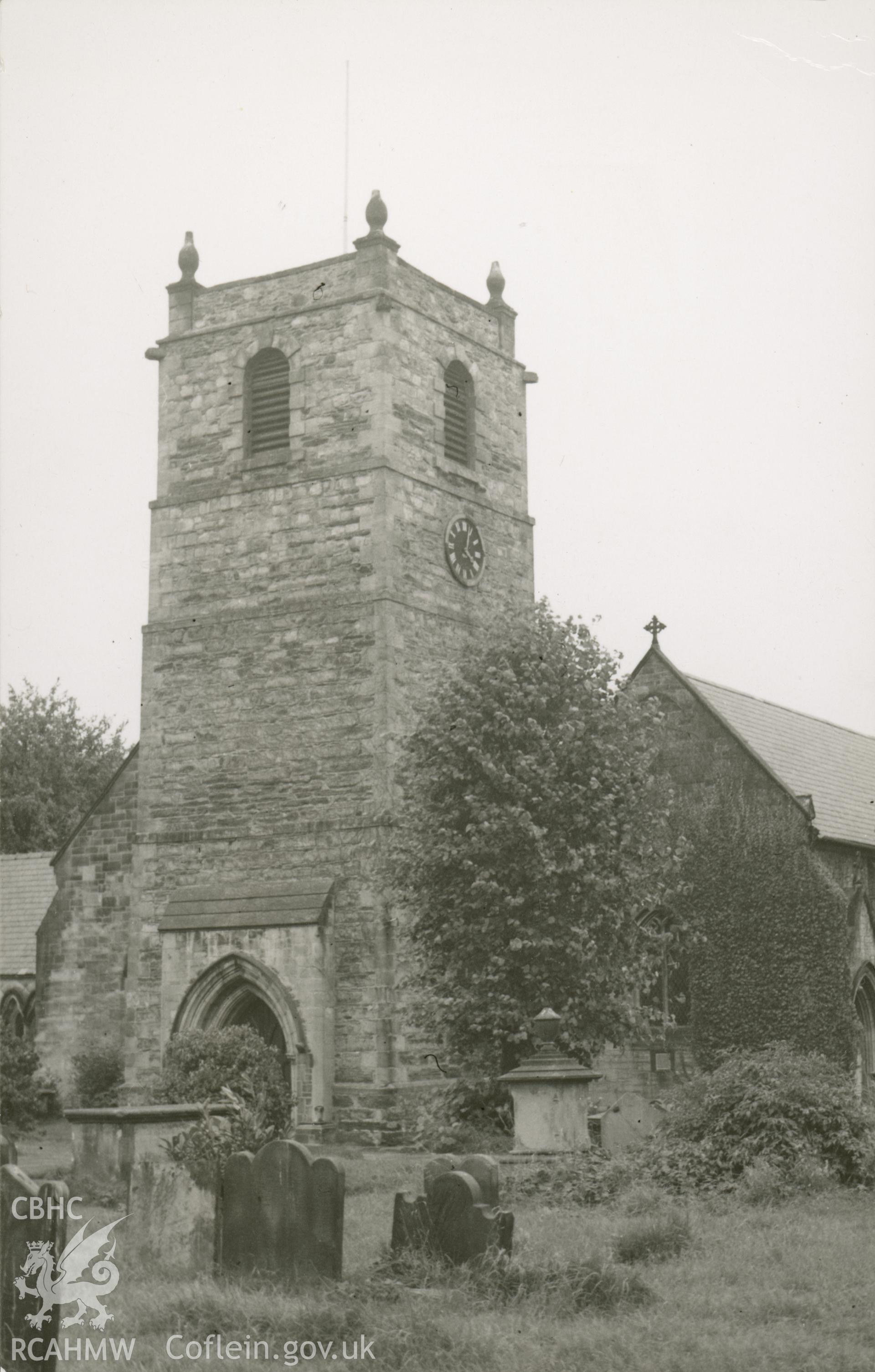 Digital copy of of a black and white photo showing an exterior view of St Collen's Church taken by P.G.M. Dickinson, c.1965