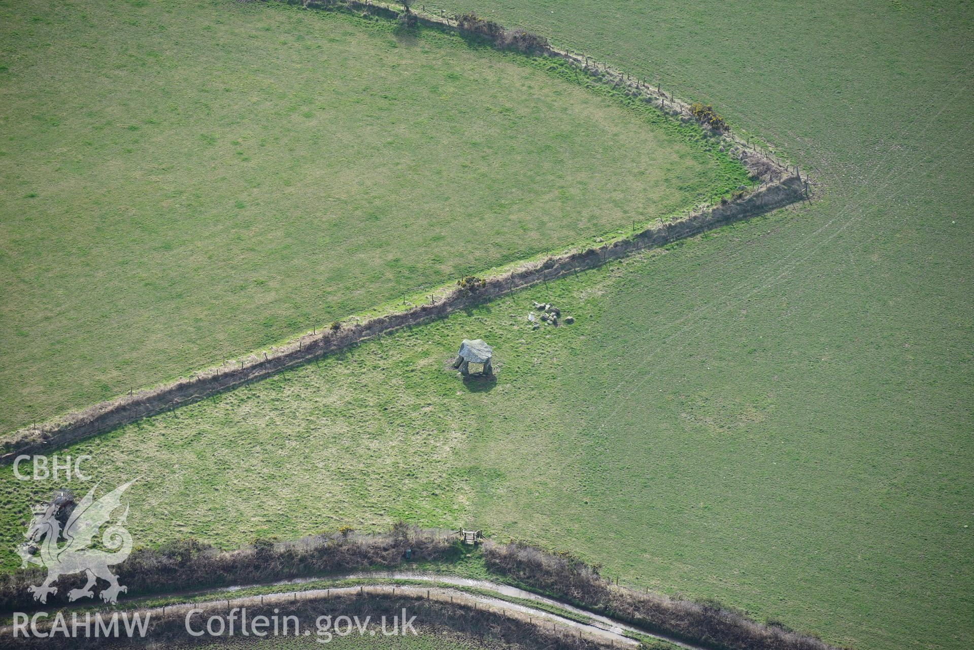 Llech-y-Drybedd chambered tomb, near Moylgrove, Cardigan. Oblique aerial photograph taken during the Royal Commission's programme of archaeological aerial reconnaissance by Toby Driver on 13th March 2015.