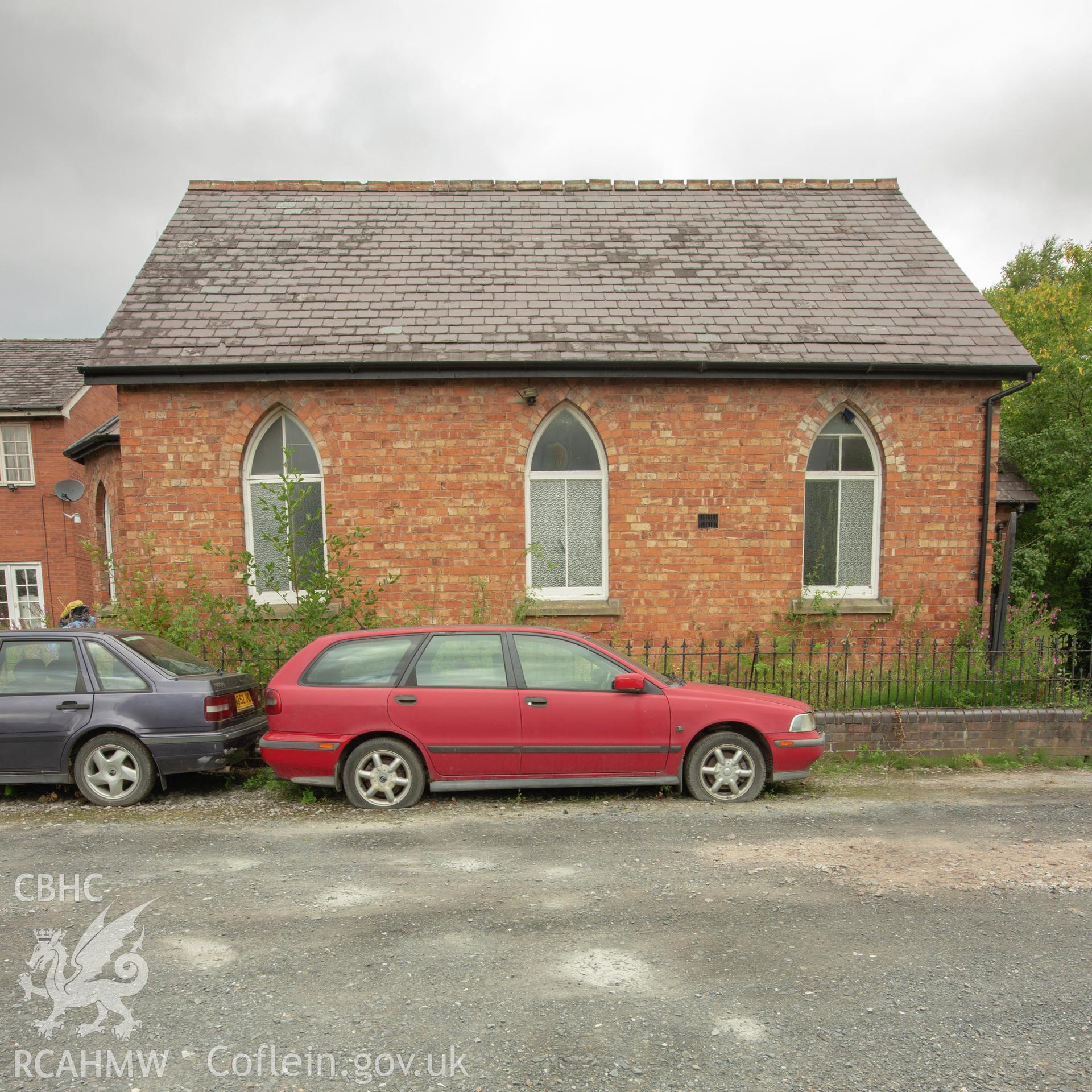 Colour photograph showing side elevation of Bethel Primitive Methodist Chapel, Tallarn Green. Photographed by Richard Barrett on 14th August 2018.