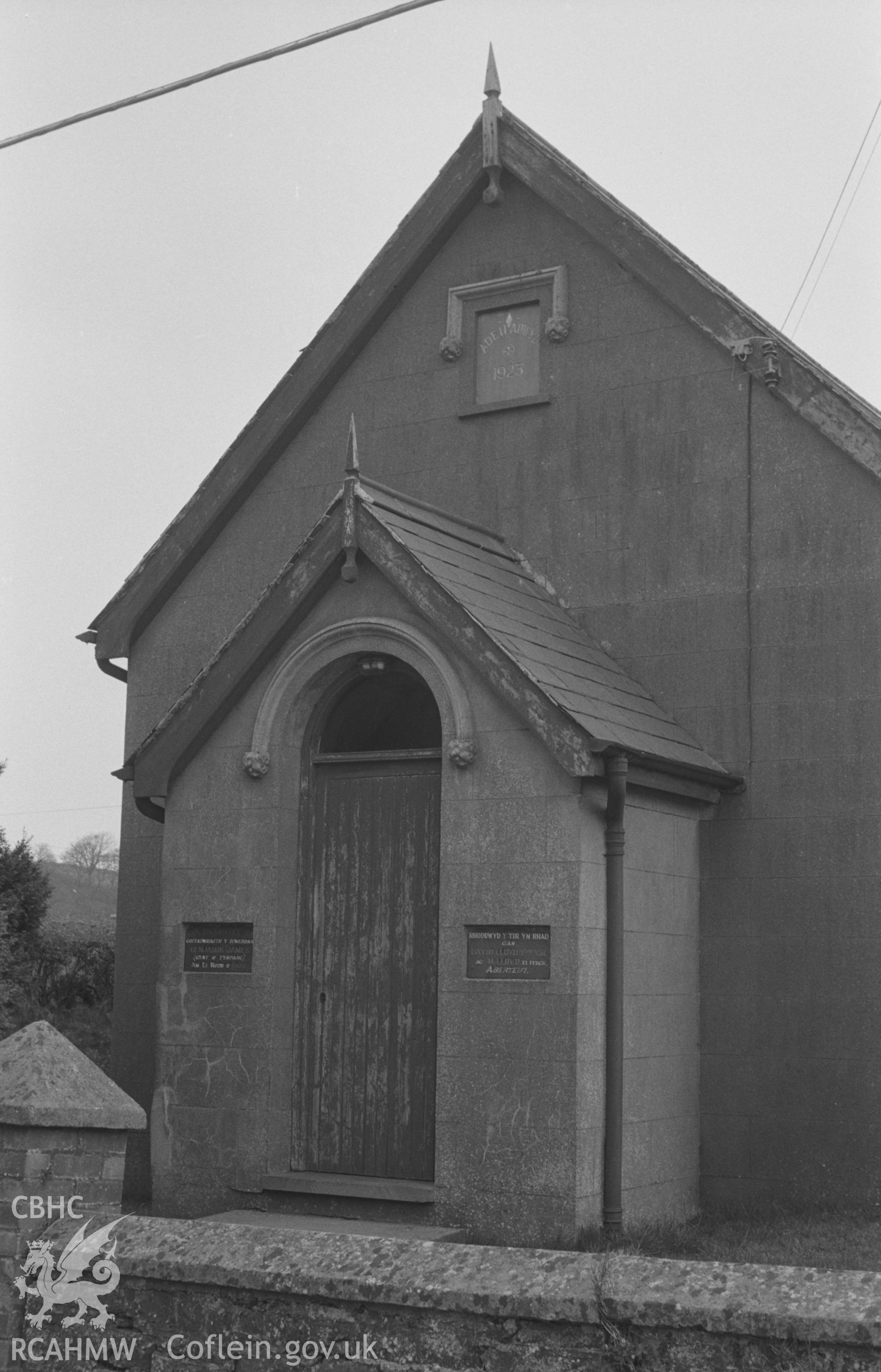 Digital copy of a black and white negative showing Fronwen Welsh Calvinistic Methodist Chapel Vestry, Llanarth. Photographed by Arthur O. Chater on 13th April 1967 looking north from Grid Reference SN 425 577.