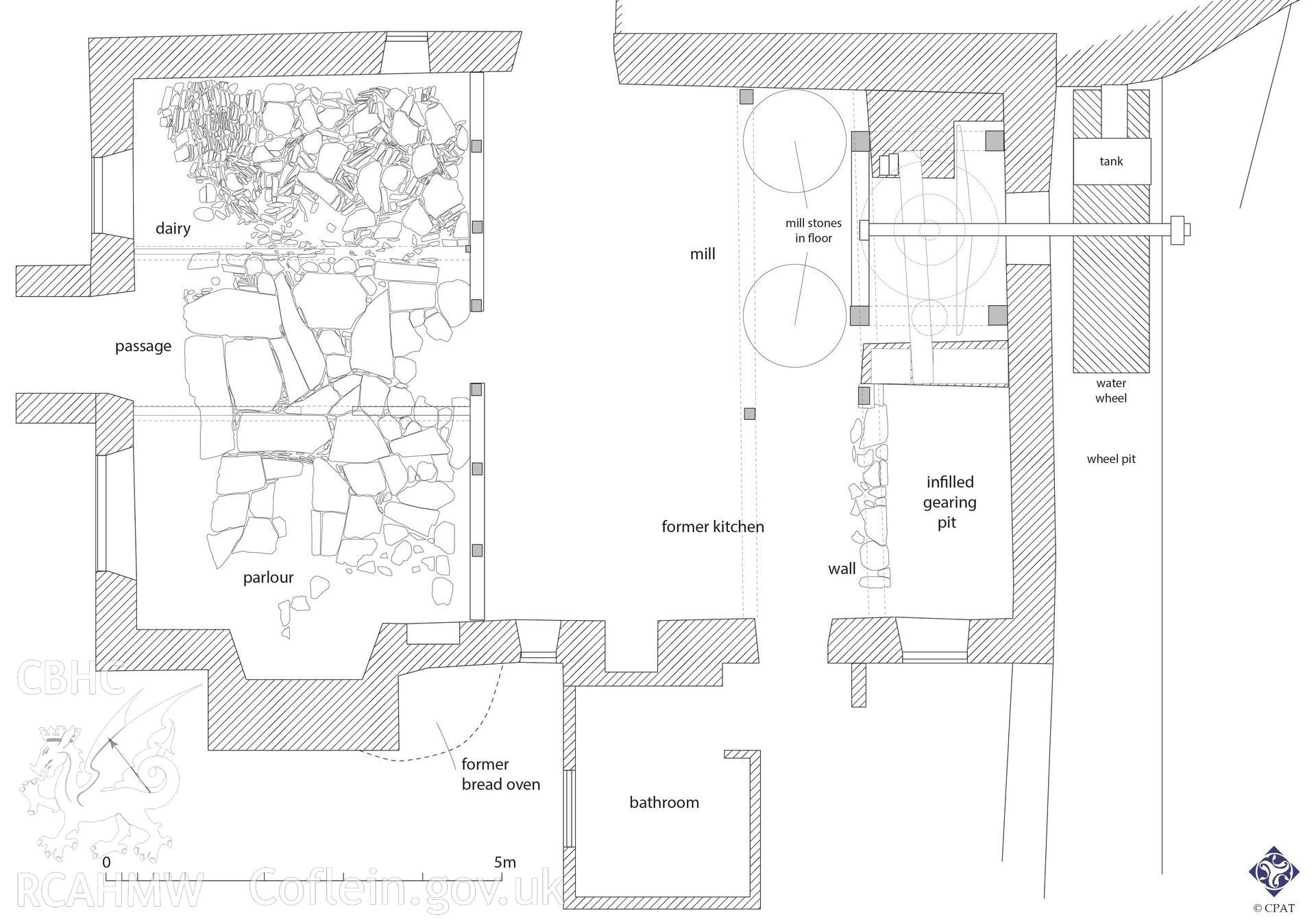 Draft version of sketch showing the ground floor plan of the mill, used to illustrate CPAT Project 2331: Rhosgoch Mill, Powys - Archaeological Watching Brief, 2018. Report no. 1635. JPG file.