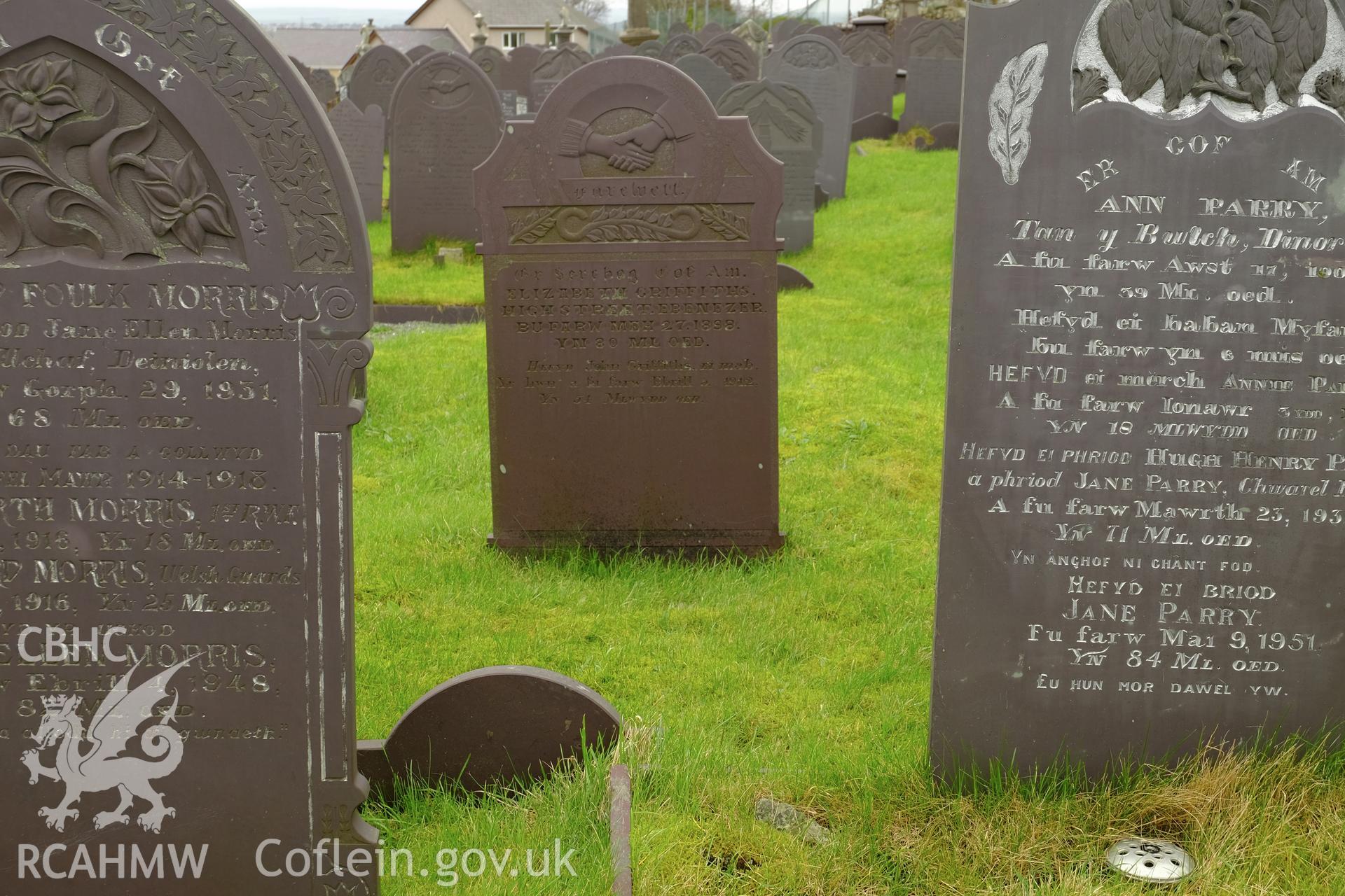 Colour photograph showing detail of slate headstone in Macpela Cemetery, Deiniolen, produced by Richard Hayman 7th March 2017