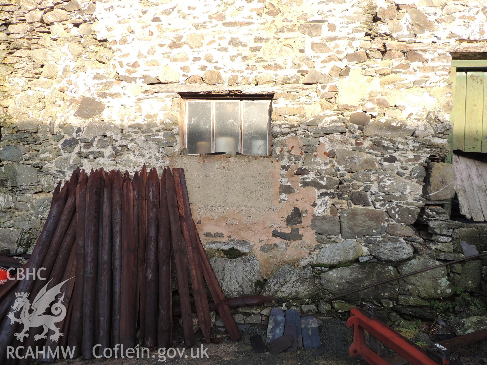 View of window opening, looking north. Photograph taken as part of archaeological building survey conducted at Bryn Gwylan Threshing Barn, Llangernyw, Conwy, carried out by Archaeology Wales, 2017-2018. Report no. 1640. Project no. 2578.