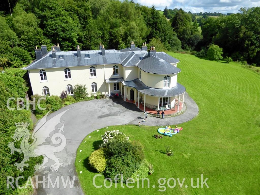 Colour photo of Dol-llys, Llanidloes, showing an aerial view of the south side of the house (after repainting) and lawn taken by Mal Shears during August 2017.
