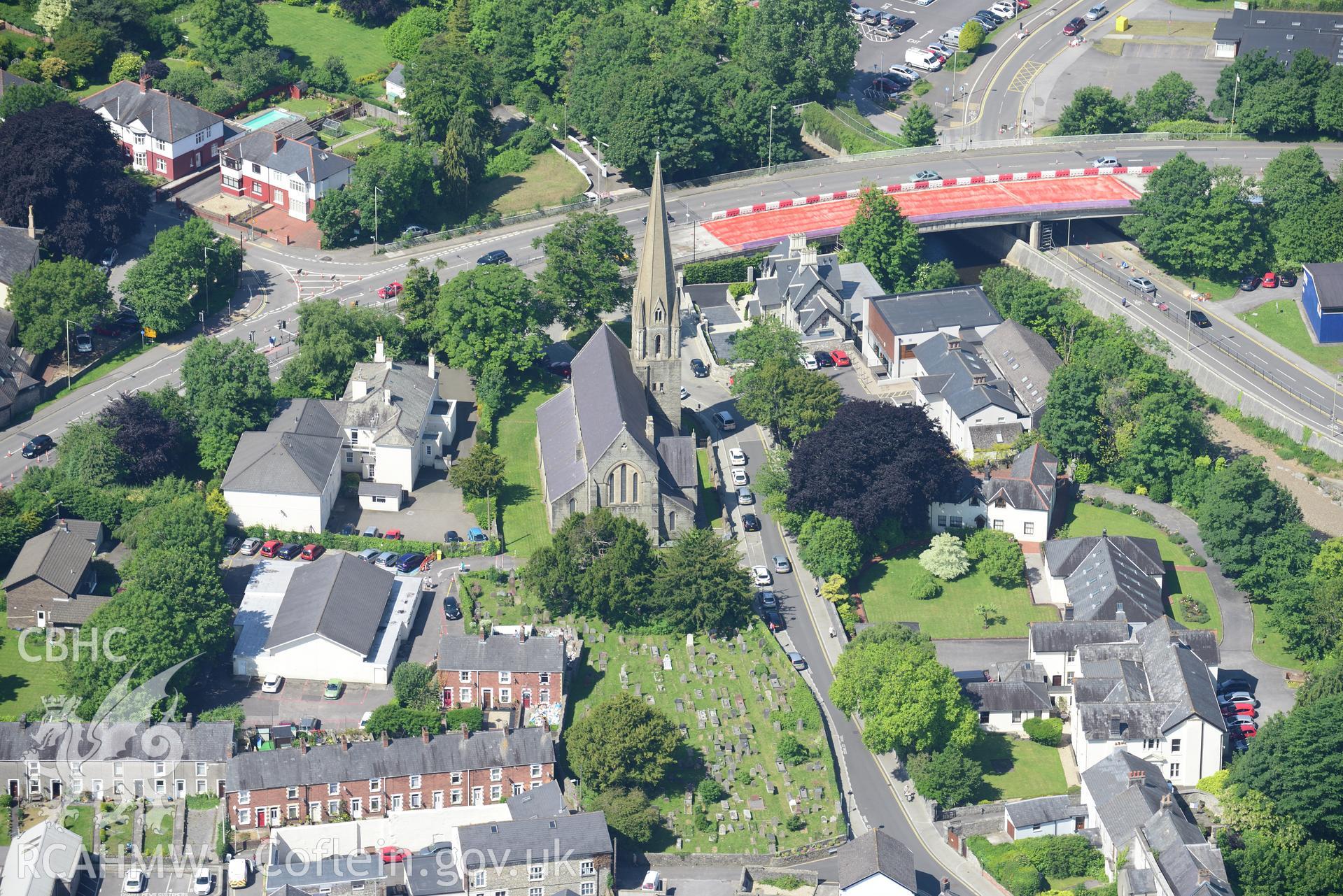 St. Mary's church, Bridgend. Oblique aerial photograph taken during the Royal Commission's programme of archaeological aerial reconnaissance by Toby Driver on 19th June 2015.