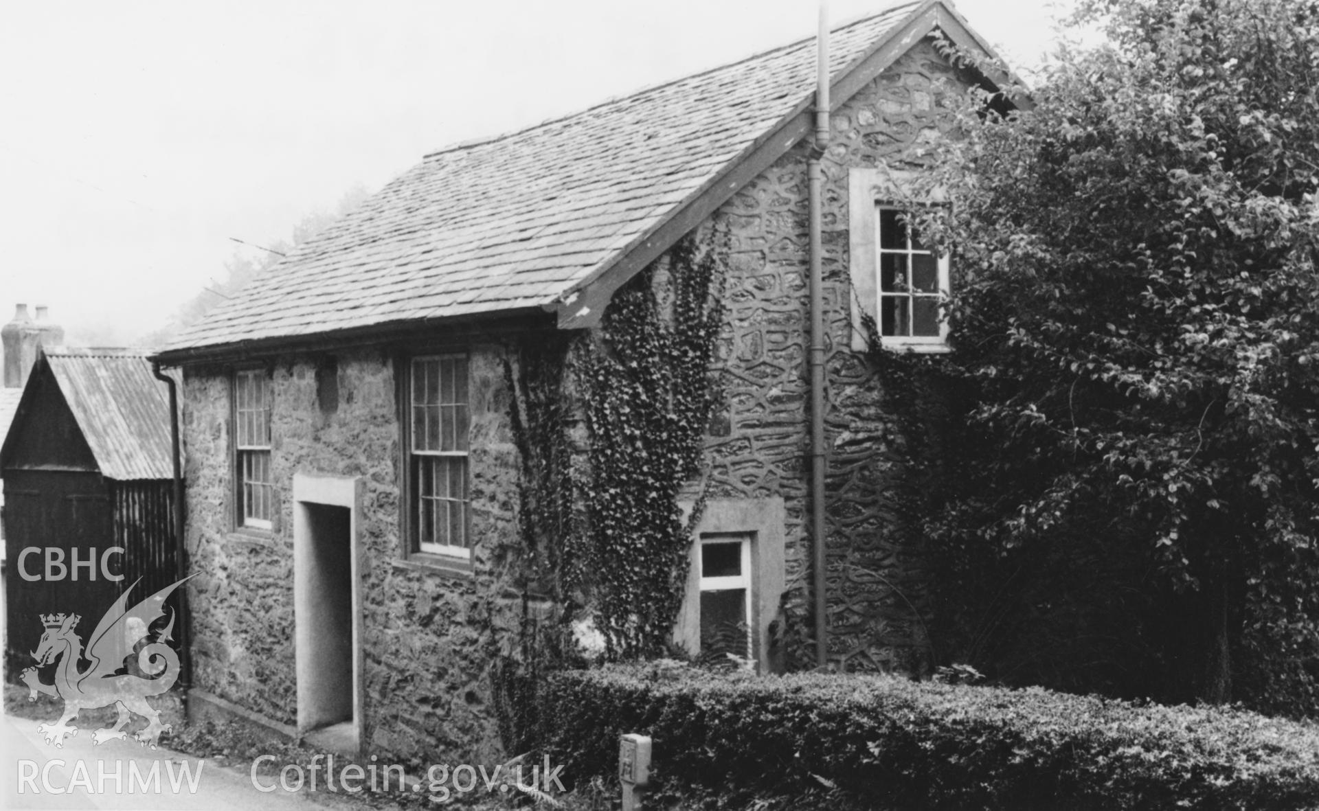 Digital copy of a black and white print dated 21st Sept 1998, showing exterior long wall entry elevation of Carmel Independent Chapel, Commins, near Llanrhaedr-ym-Mochnant. From the Philip Griffiths Collection.