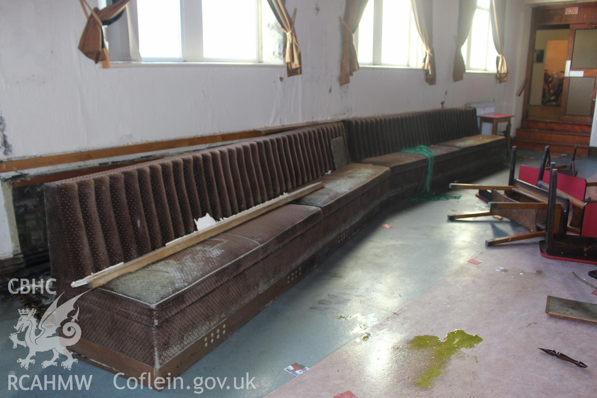 Interior view of seating at the Railway Institute, Bangor. Photographed during survey conducted by Sue Fielding for the RCAHMW on 4th April 2016.