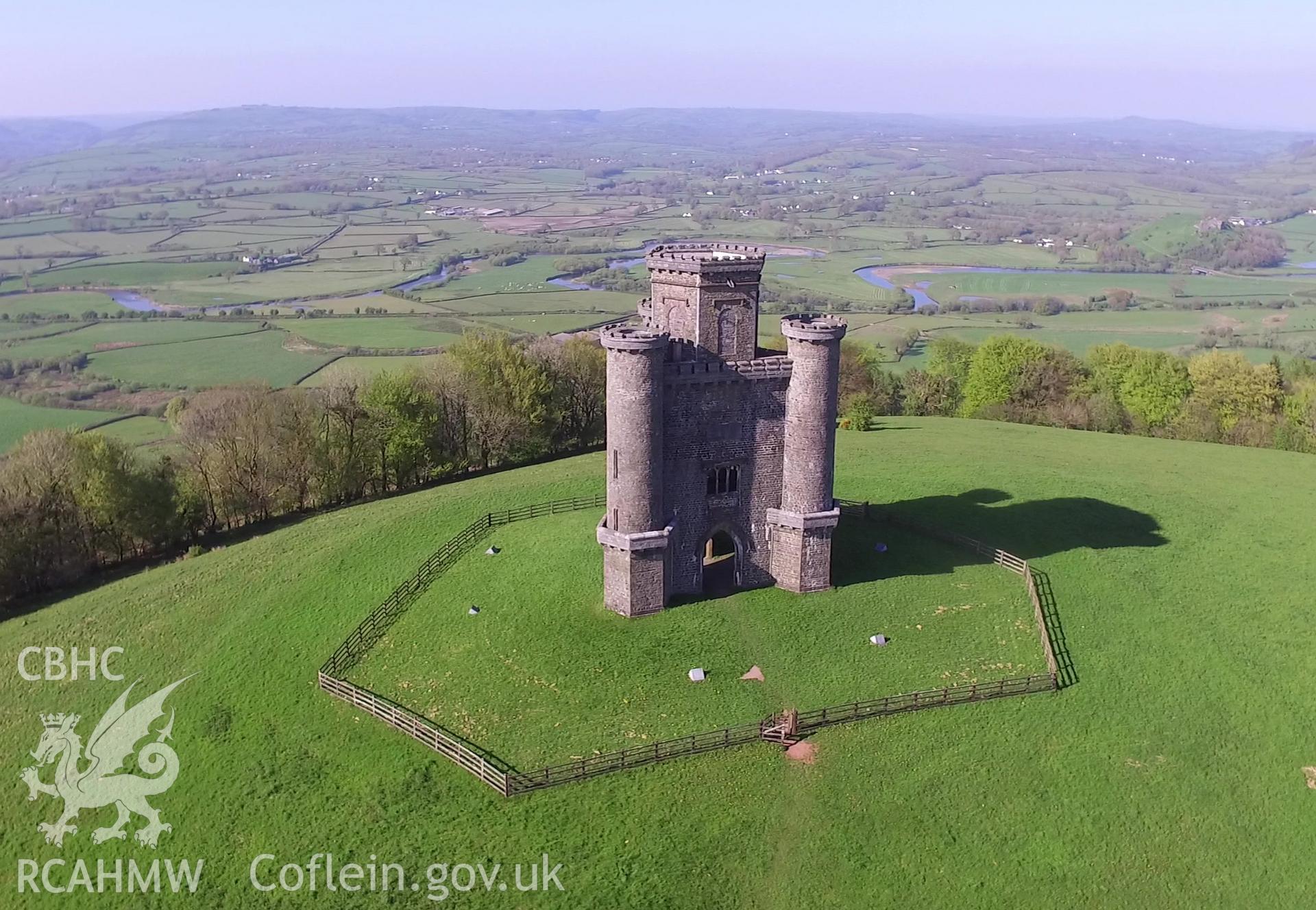 Colour photo showing view of Nelson's Tower near Middleton Hall, Llanarthney, in it's landscape, taken by Paul R. Davis, 6th May 2018.