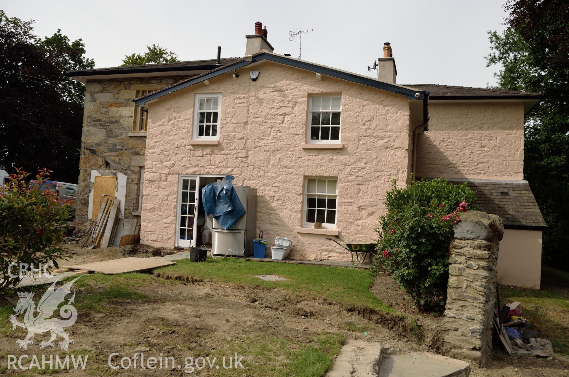 'North face of the house, viewed from the north.' Photographed by Gwynedd Archaeological Trust as part of archaeological mitigation report for well at Plas Celynin, Henryd, Conwy, on 6th August 2018. Project no. G2568.