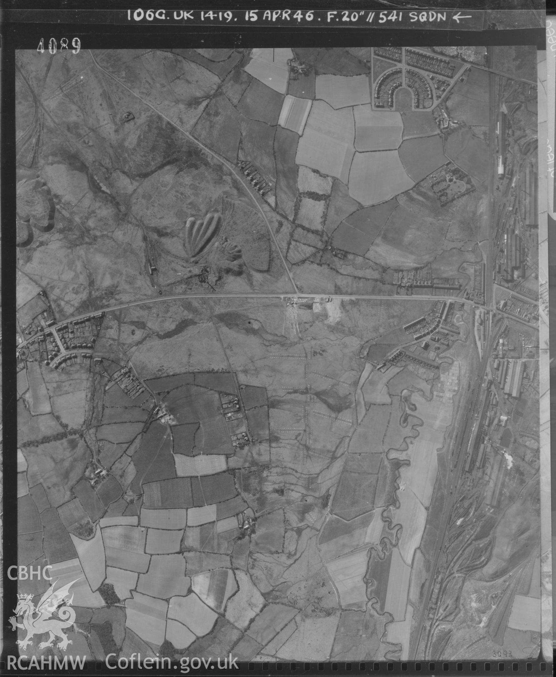 Black and white aerial photograph taken on 15th April 1946. Frame 4089. Part of material used in a Setting Impact Assessment of Land off Phoenix Way, Garngoch Business Village, Swansea, carried out by Archaeology Wales, 2018. Project number P2631.