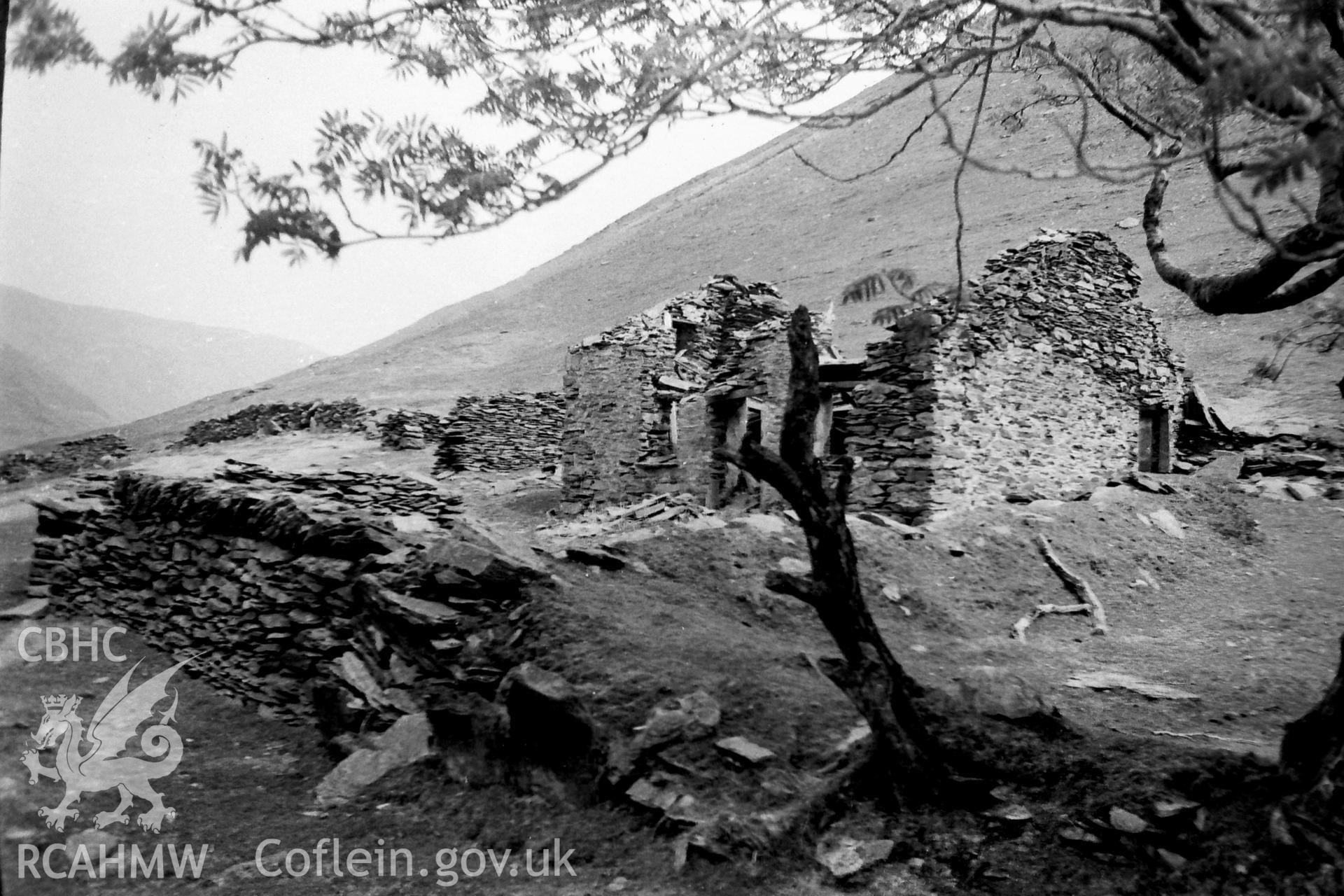 Digitised black and white photograph showing deserted stone-built dwelling with drystone enclosure at Cwmystwyth. Photographed by Martin Davies as part of his Bachelor of Architecture dissertation from the University of Nottingham, 1979.