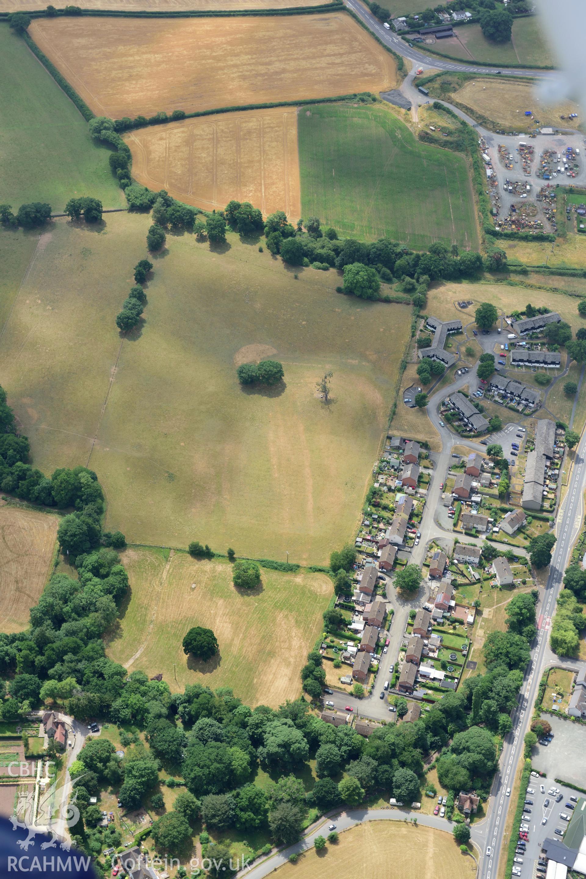 Royal Commission aerial photography of Three Cocks Roman fort taken on 19th July 2018 during the 2018 drought.