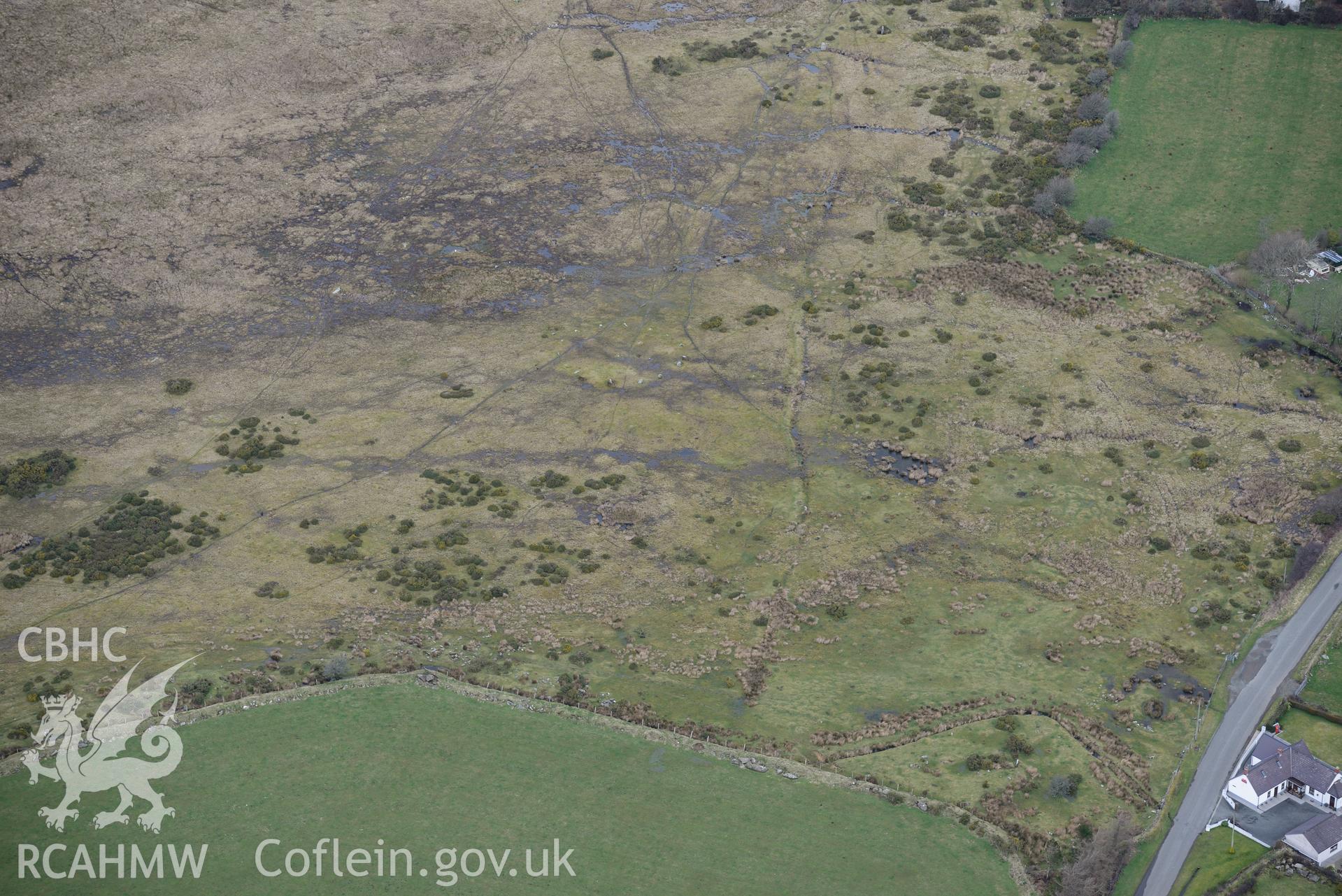 Gors Fawr stone circle, near Crymych. Oblique aerial photograph taken during the Royal Commission's programme of archaeological aerial reconnaissance by Toby Driver on 13th March 2015.