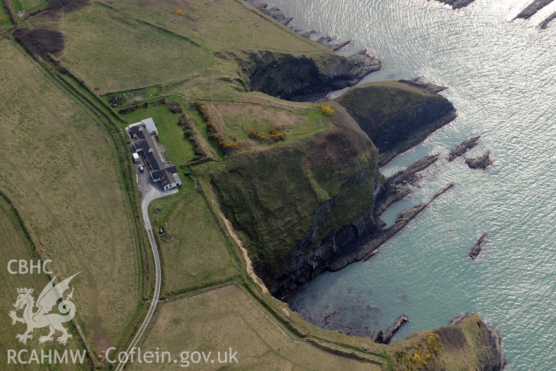 Aerial photography of Pen Castell promontory fort taken on 27th March 2017. Baseline aerial reconnaissance survey for the CHERISH Project. ? Crown: CHERISH PROJECT 2019. Produced with EU funds through the Ireland Wales Co-operation Programme 2014-2020. All material made freely available through the Open Government Licence.