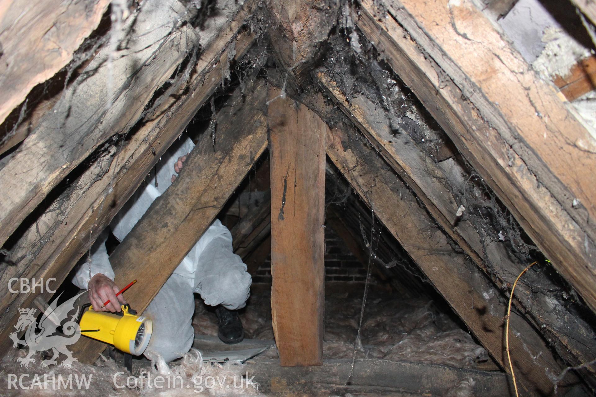 Colour photograph showing detail of timber frame in attic at 5 to 7 Mwrog Street, Ruthin. Photographed during survey conducted by Geoff Ward on 30th May 2014.
