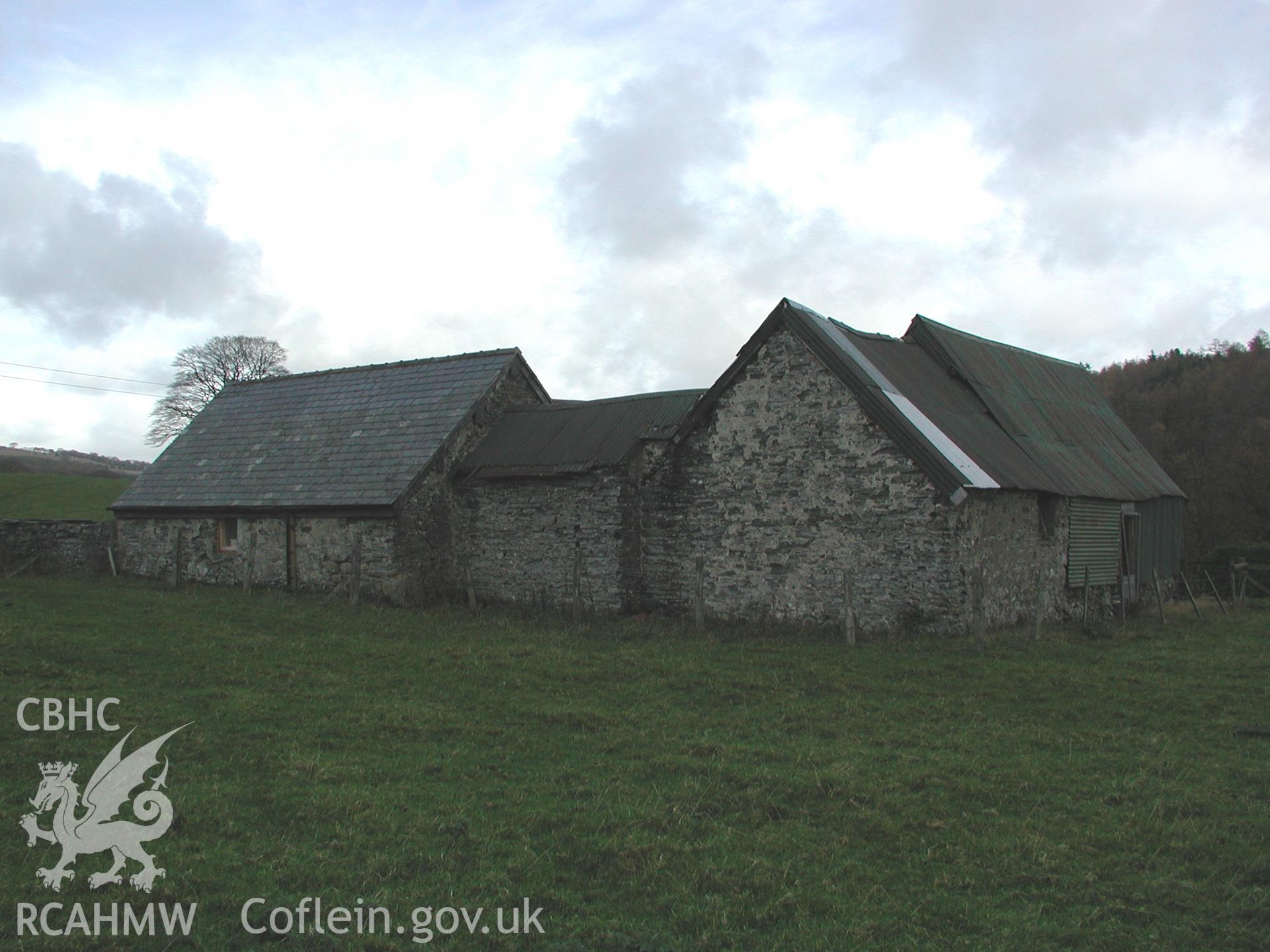 Exterior view of barn or shed at Pistyll Gwyn showing corrugated iron roof and stone walls. Photographic survey of Pistyll Gwyn Farmstead conducted by Geoff Ward on 13th November 2007.