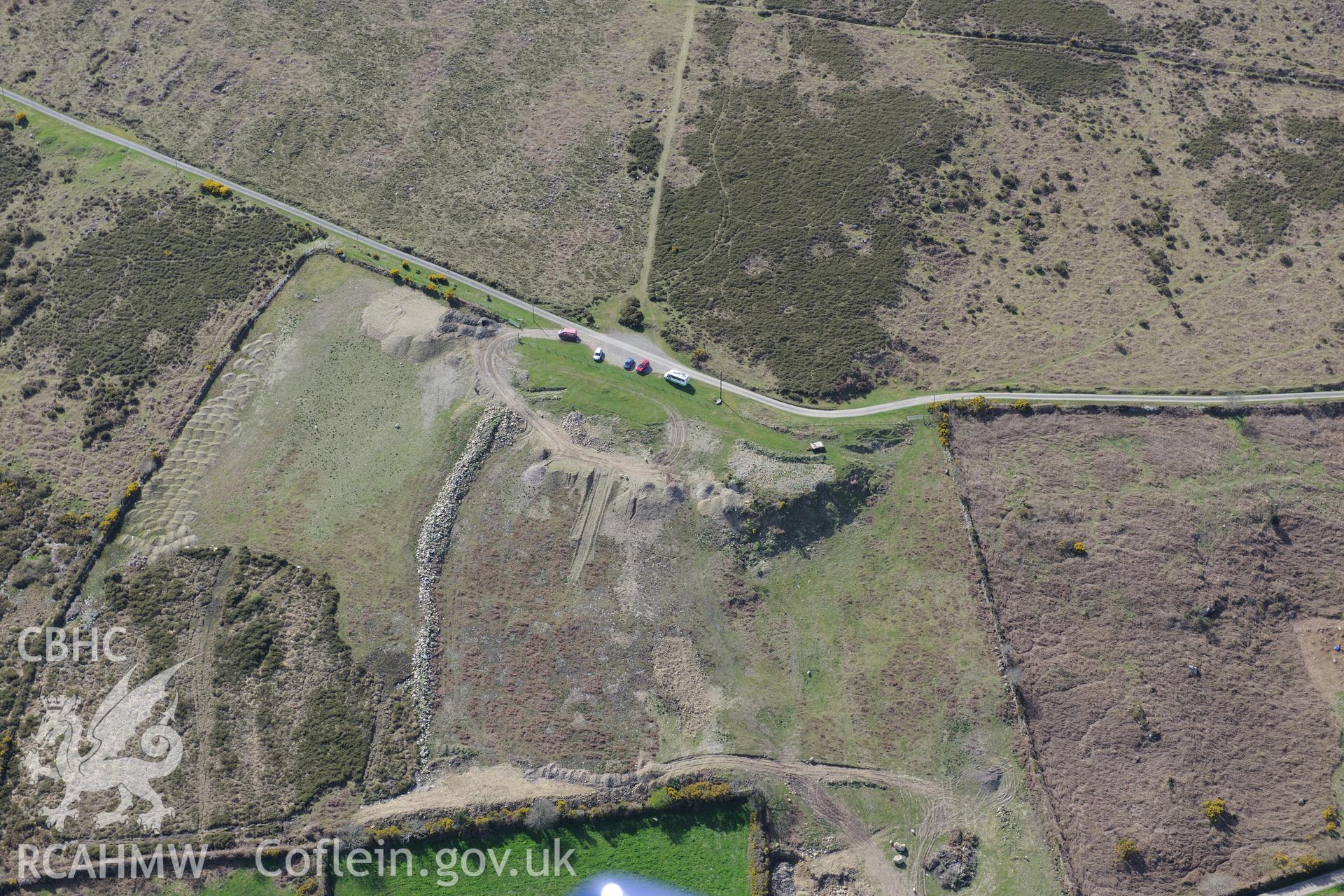 300 meters east of Carn Ingli Quarry. Oblique aerial photograph taken during the Royal Commission's programme of archaeological aerial reconnaissance by Toby Driver on 15th April 2015.