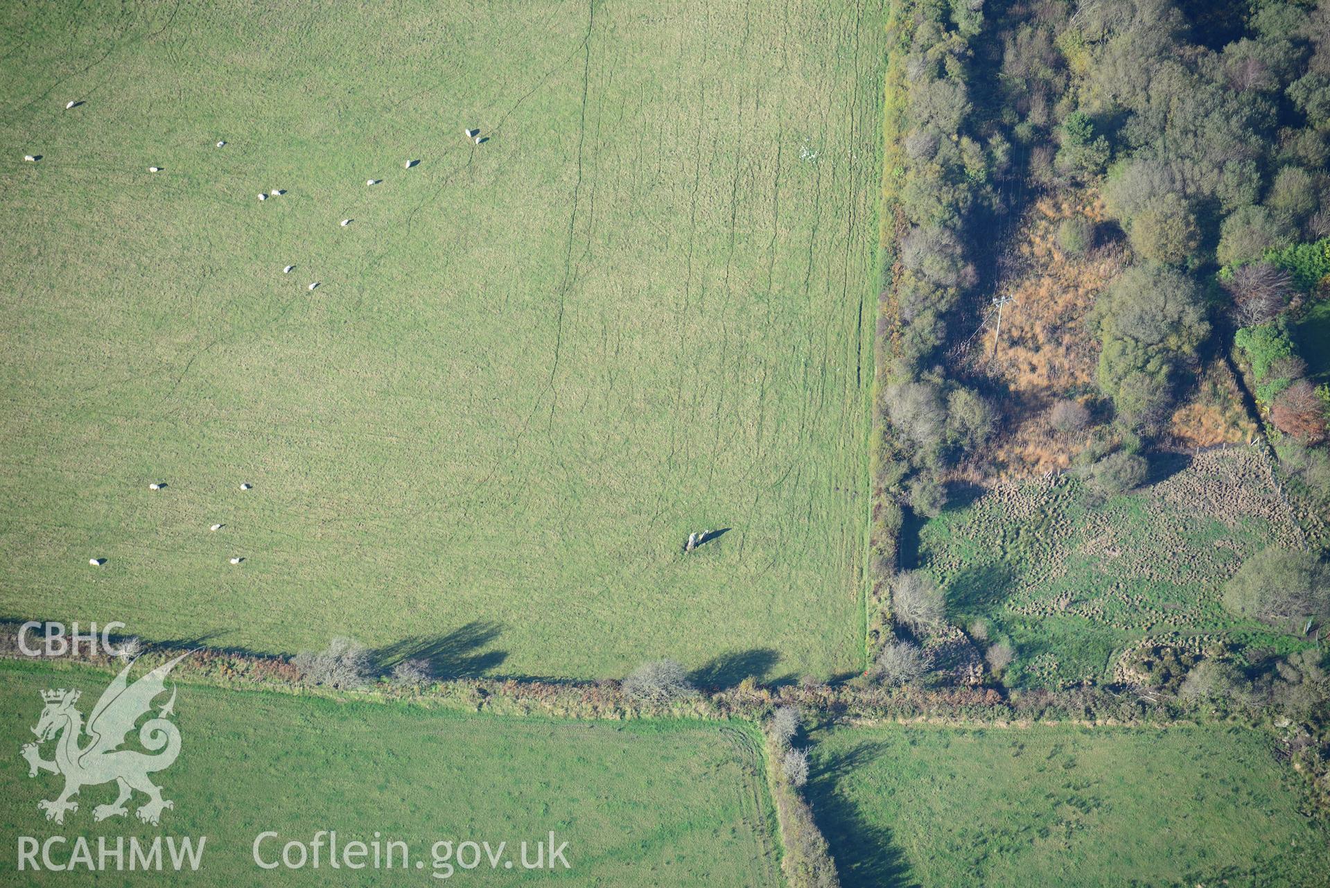 Yr Allor standing stones, Glandy Cross, near Narberth. Oblique aerial photograph taken during the Royal Commission's programme of archaeological aerial reconnaissance by Toby Driver on 2nd November 2015