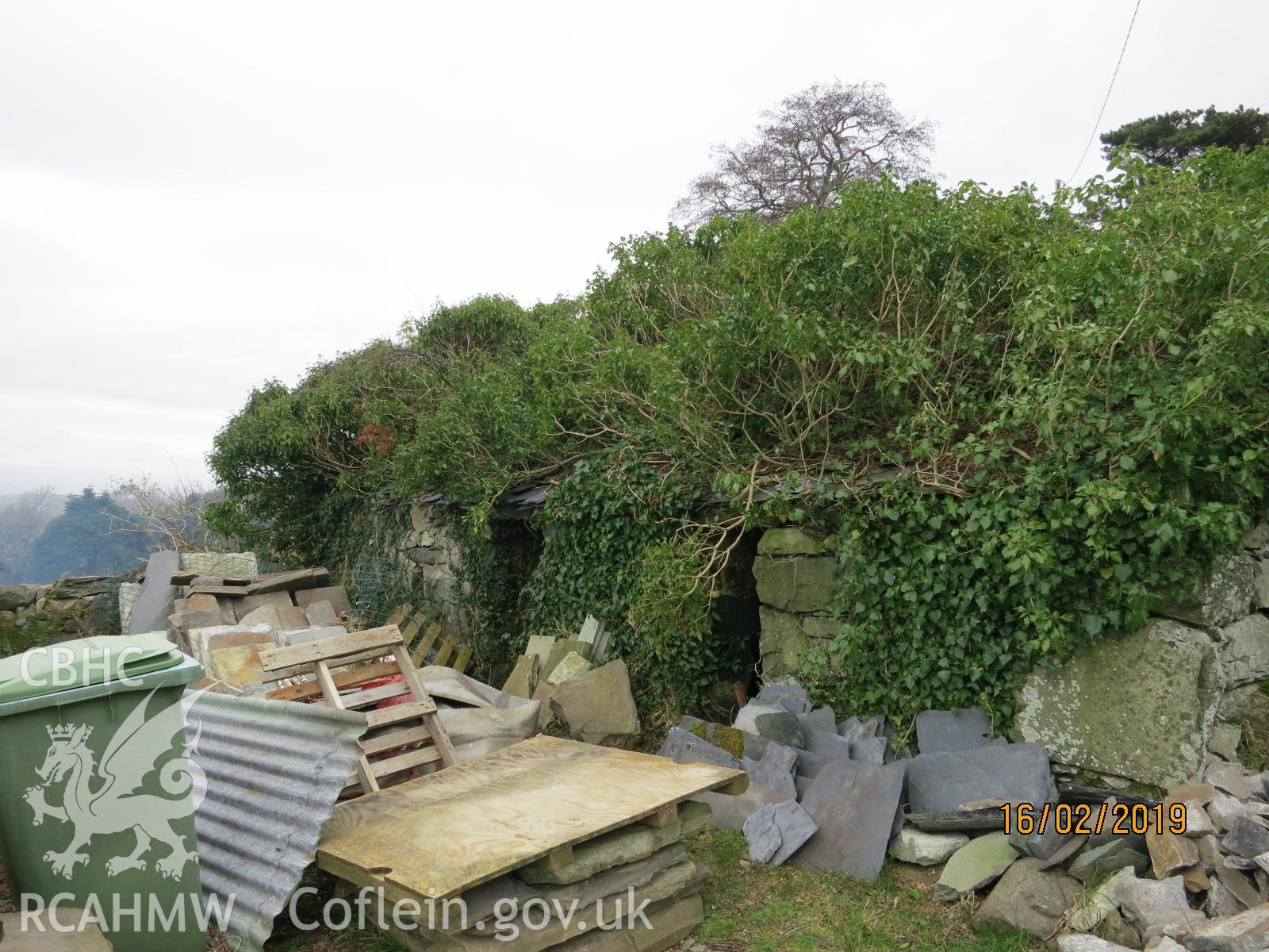 Exterior west elevation of the pigsty at Pencerrig Pellaf, Ffordd Uchaf, Harlech. Photographed by Kimberley Urch as part of photographic survey for planning application (ref. no. NP5/61/LB446A Snowdonia National Park Authority).