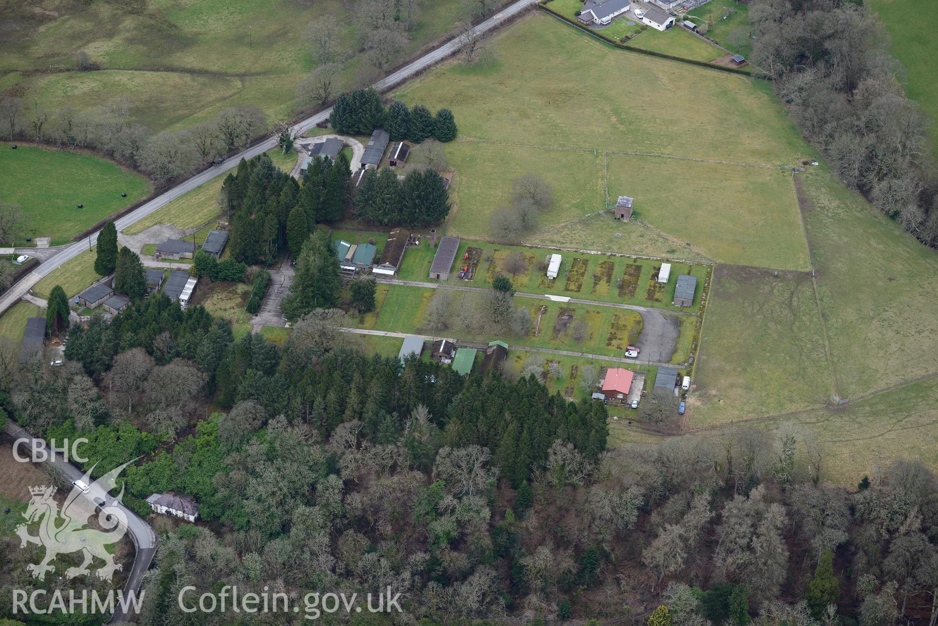 Henllan Bridge prisoner of war camp and the camp's Italian chapel, Henllan, near Llandysul. Oblique aerial photograph taken during the Royal Commission's programme of archaeological aerial reconnaissance by Toby Driver on 13th March 2015.