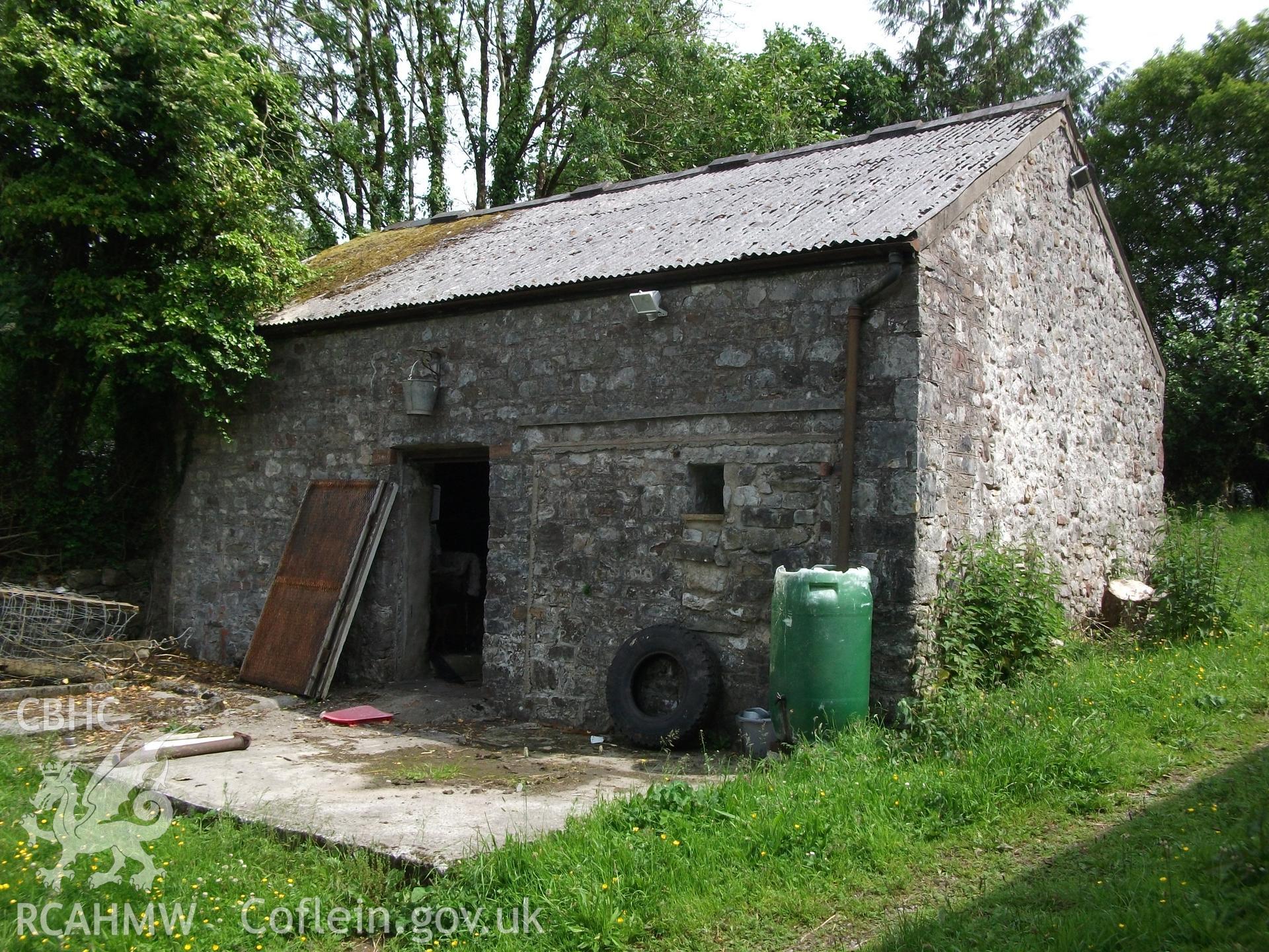 Photograph showing exterior front elevation of 'ale and pail barn,' at Pant-y-Castell, Maesybont, Photographed by Mark Waghorn to meet a condition attached to planning application.