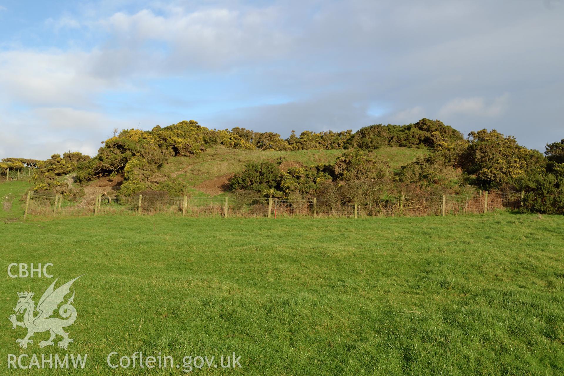 View of Tomen Fawr from the south. Photographed by Gwynedd Archaeological Trust during impact assessment of the site on 20th December 2018. Project no. G2564.