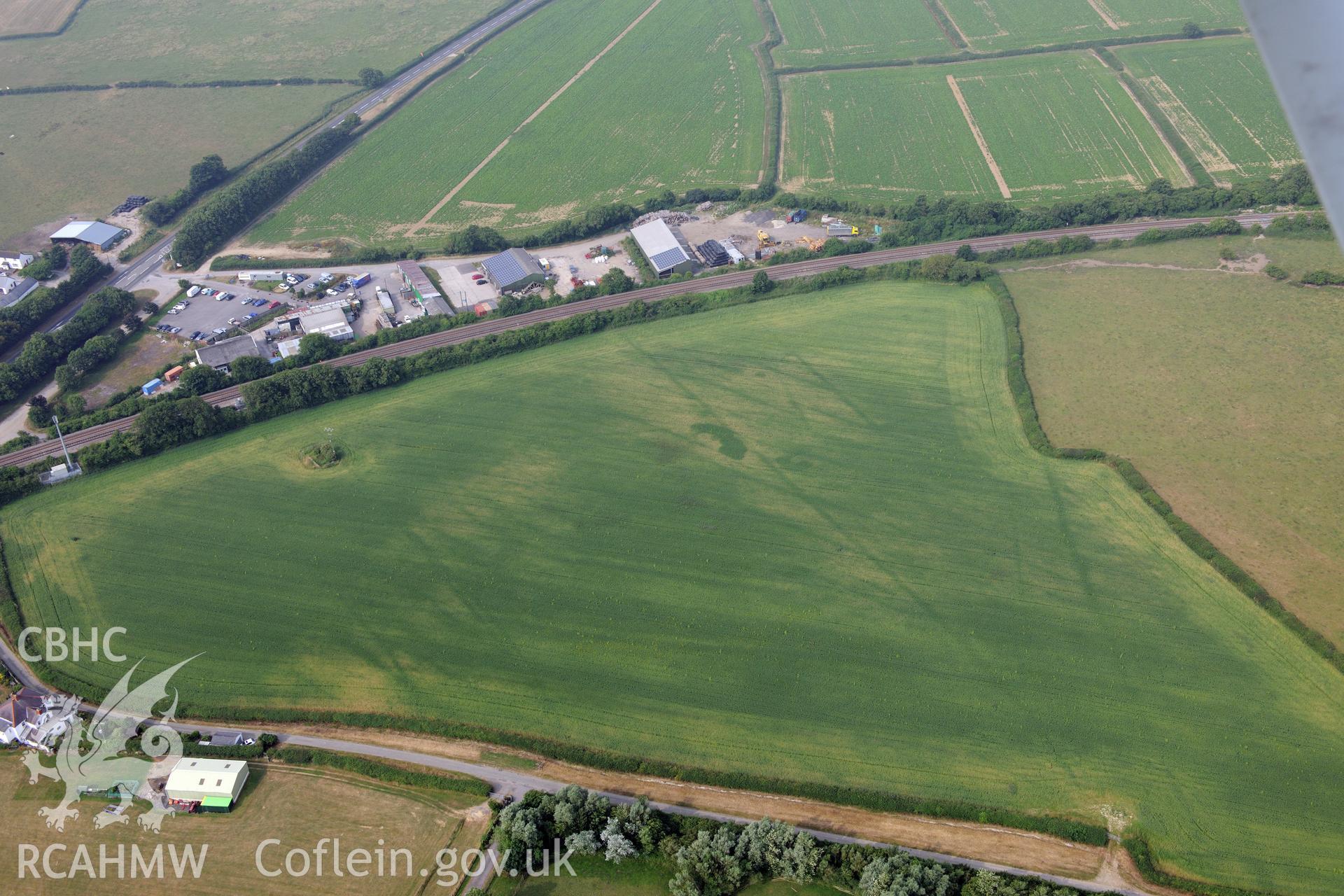 Royal Commission aerial photography of Morfa Lane cropmark recorded during drought conditions on 22nd July 2013.