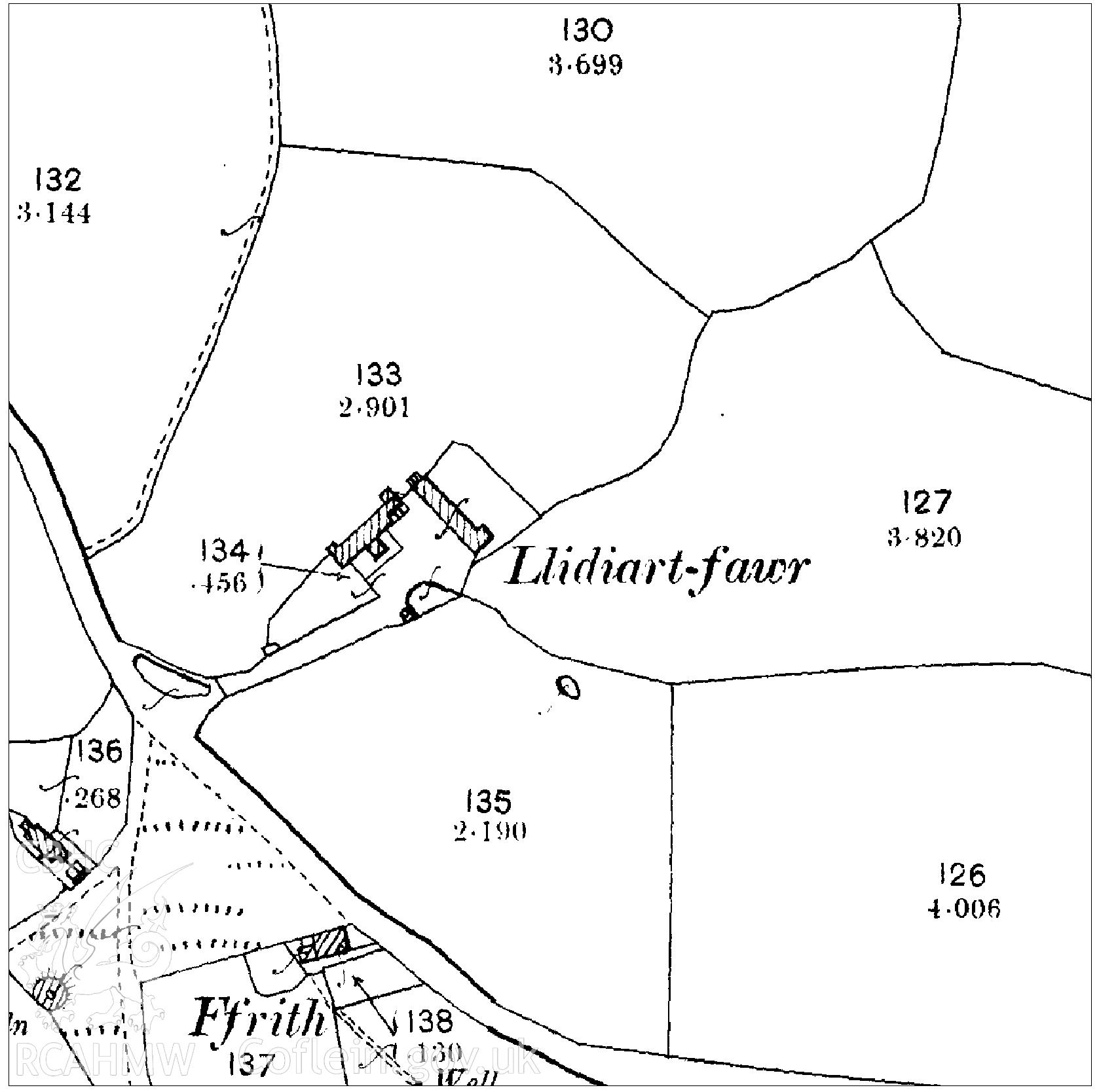 1899 map of area around Llidiart Fawr, Denbighshire. Used as report illustration for CPAT Project 2350: Llidiart Fawr, Pentrecelyn, Ruthin - Archaeological Building Survey, 2018. Report no. 1644.