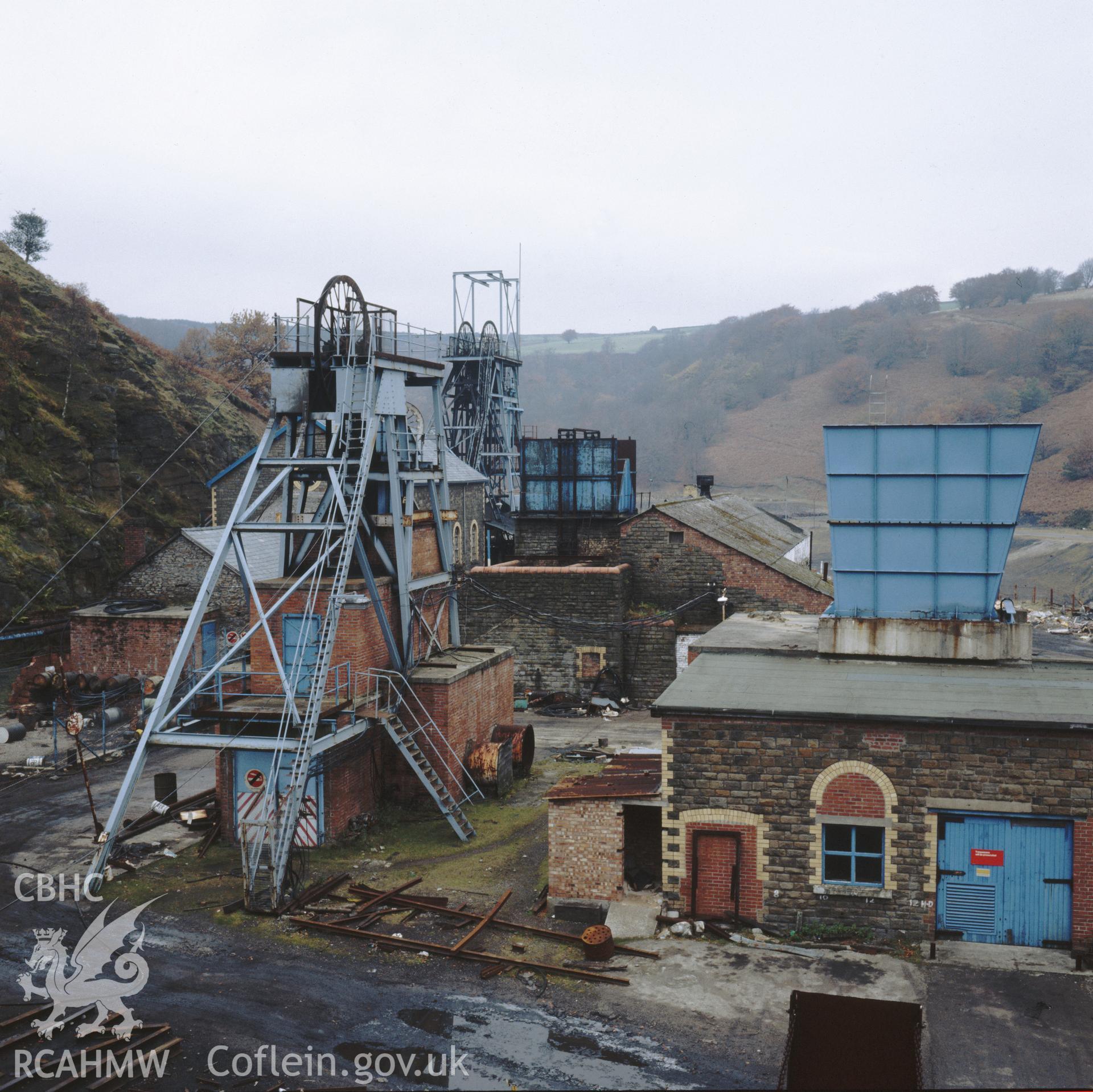 Digital copy of an acetate negative showing headframes at Blaenserchan Colliery, from the John Cornwell Collection.