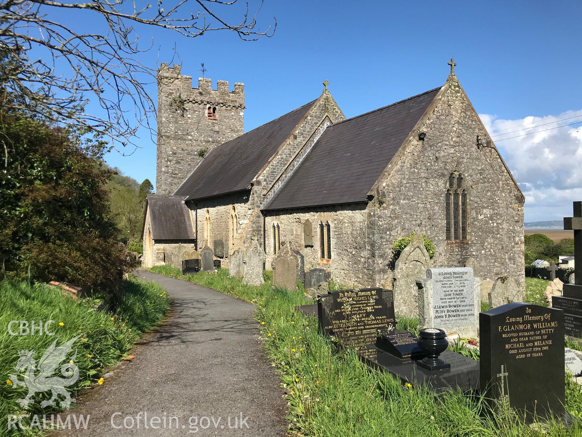 Digital colour photograph showing exterior view of St Rhidian and Illtyd's church, Llanrhidian, taken by Paul R. Davis on 5th May 2019.