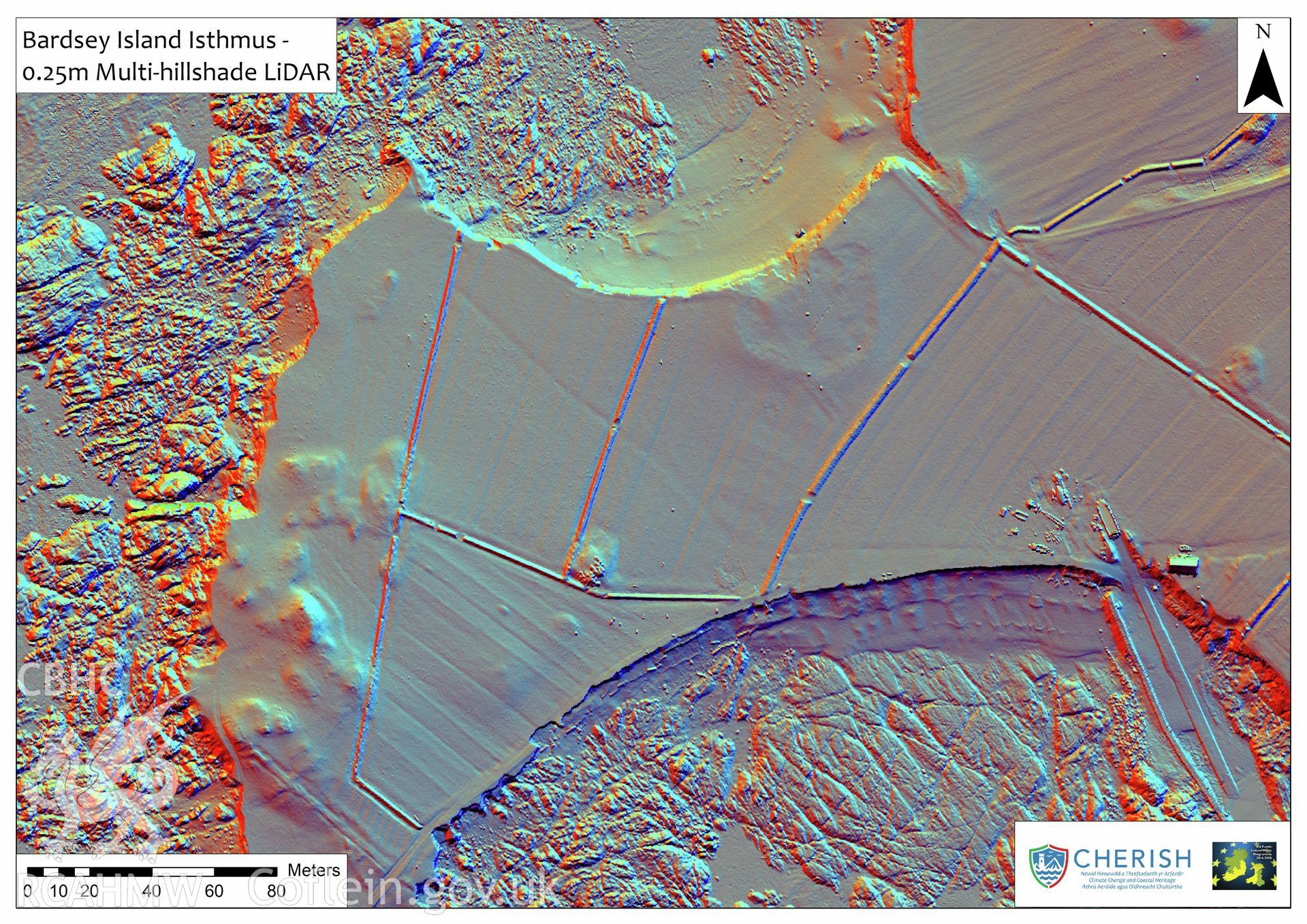 Ynys Enlli (Bardsey Island). Airborne laser scanning (LiDAR) commissioned by the CHERISH Project 2017-2021, flown by Bluesky International LTD at low tide on 24th February 2017. Digital Surface Model (DSM) showing coastal erosion at Henllwyn isthmus.