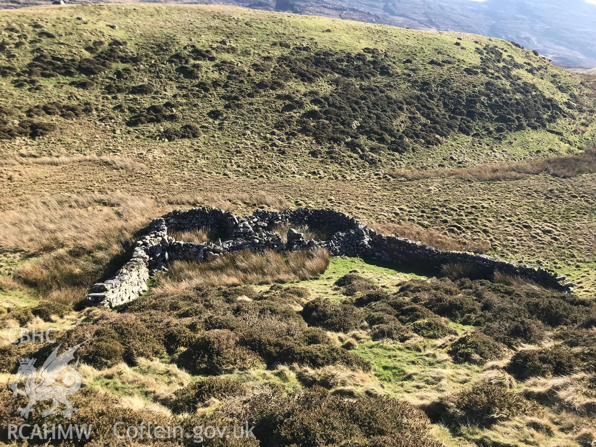 Digital colour photograph of sheepfold or building south east of Llyn Caerwych, Moel-y-Geifr, Talsarnau, taken by Paul R. Davis on 15th February 2019.