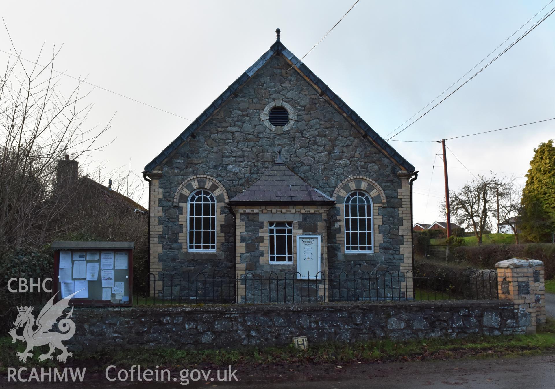 View from the east showing the exterior of the front gable at Hyssington Primitive Methodist Chapel, Hyssington, Churchstoke. Photographic survey conducted by Sue Fielding on 7th December 2018.