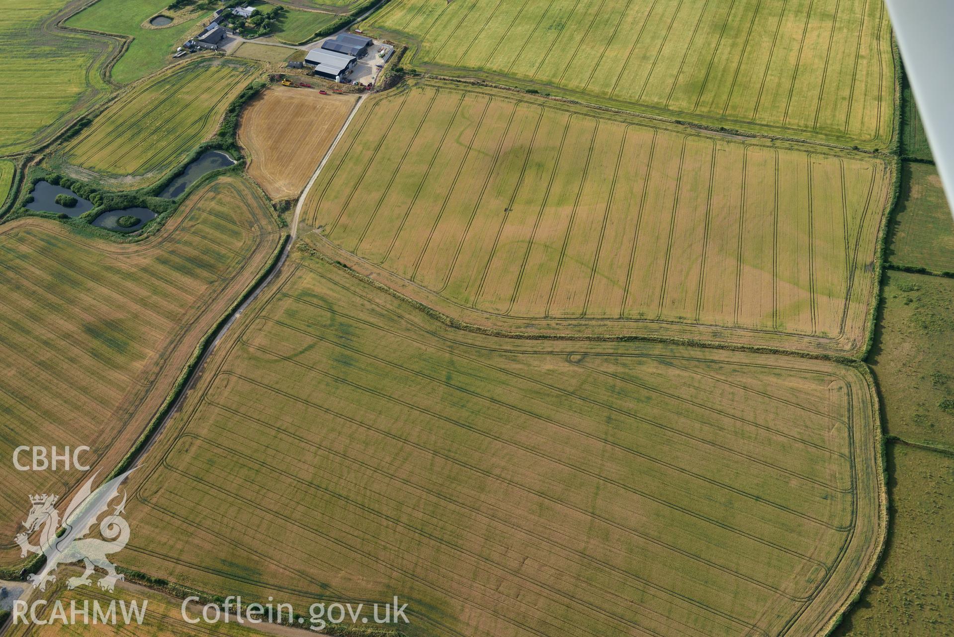 Royal Commission aerial photography of Paviland Manor cropmark complex, south-west circular enclosure, taken on 17th July 2018 during the 2018 drought.