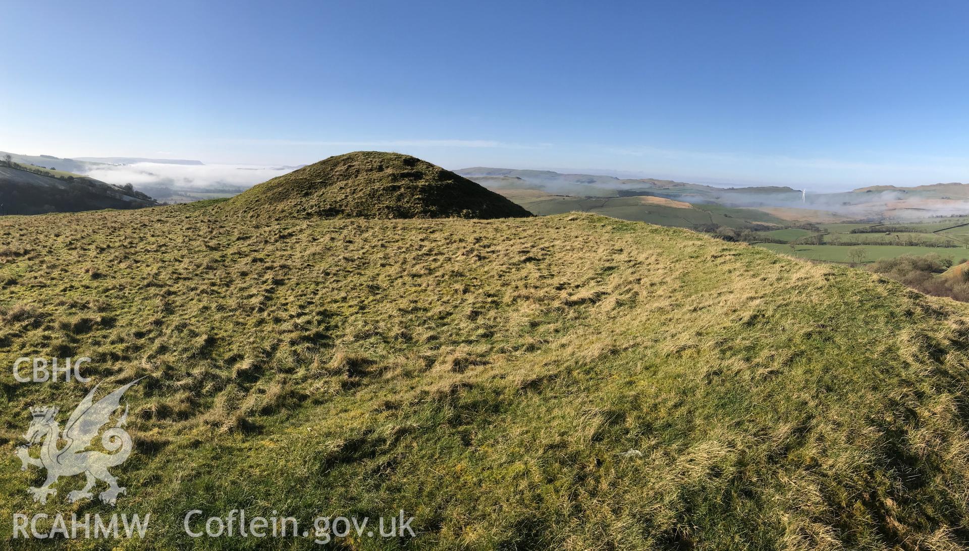 Digital colour photograph showing Castell Crug Eryr motte and bailey, New Radnor, taken by Paul Davis on 7th February 2020.