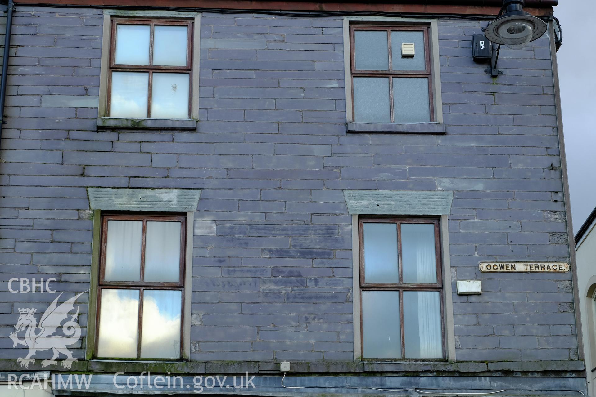 Colour photograph showing view of the fa?ade at first and second floor levels of 1 Ogwen Terrace, Bethesda, produced by Richard Hayman 2nd February 2017