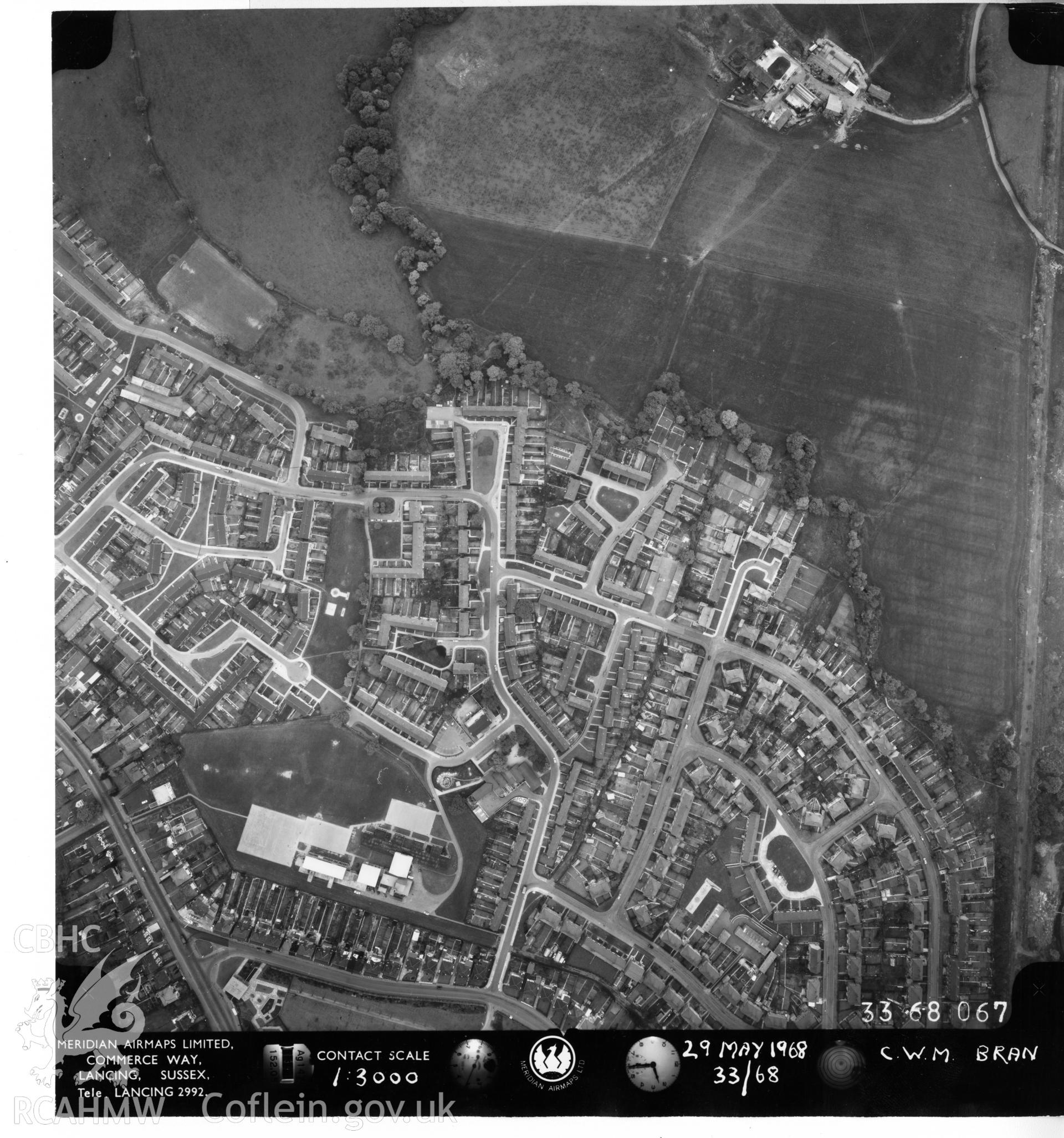 Aerial photograph of Cwmbran, taken on 29th May 1968. Included as part of Archaeology Wales' desk based assessment of former Llantarnam Community Primary School, Croeswen, Oakfield, Cwmbran, conducted in 2017.