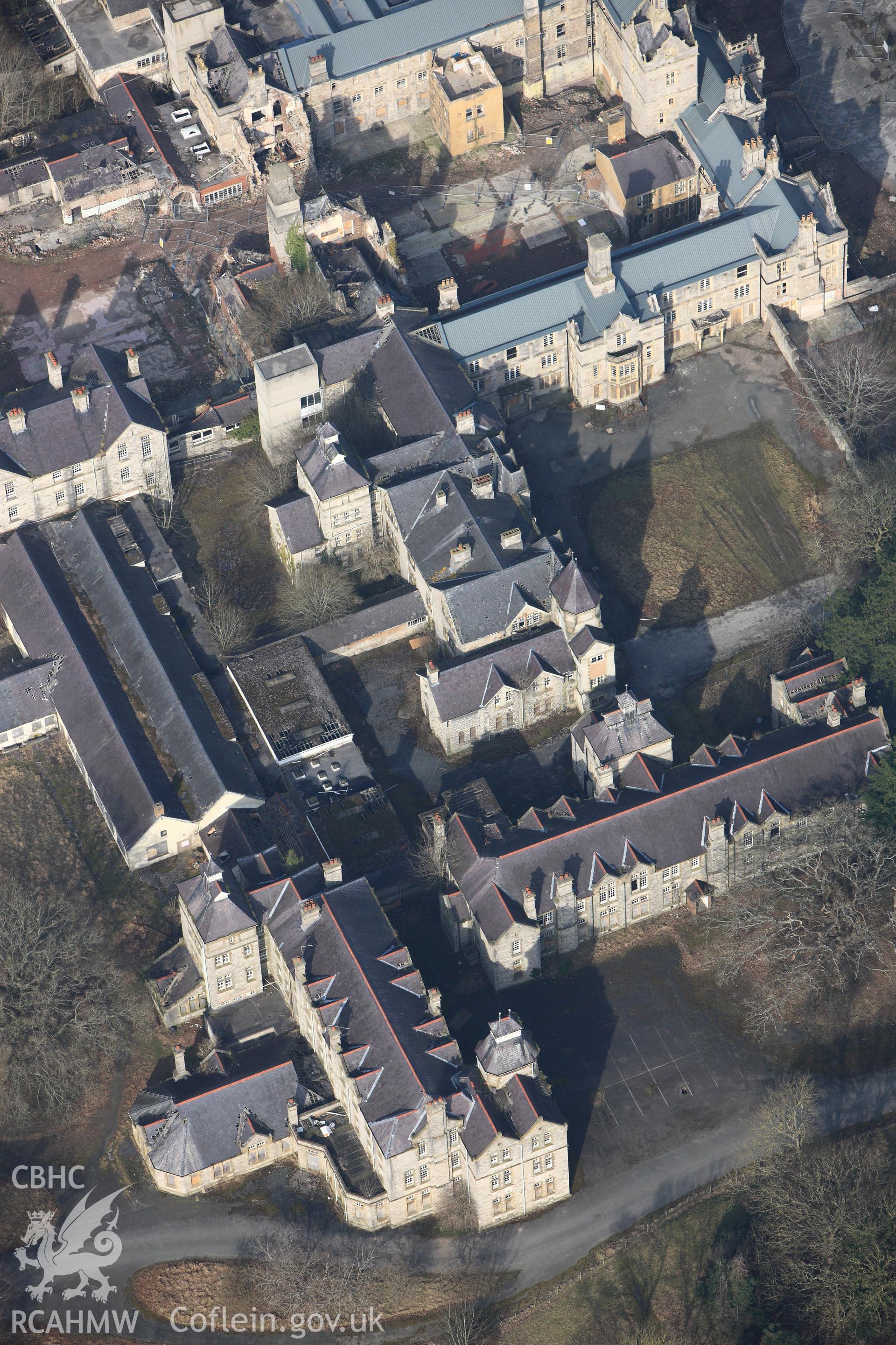 The North Wales Counties Hospital, Denbigh. Oblique aerial photograph taken during the Royal Commission?s programme of archaeological aerial reconnaissance by Toby Driver on 28th February 2013.