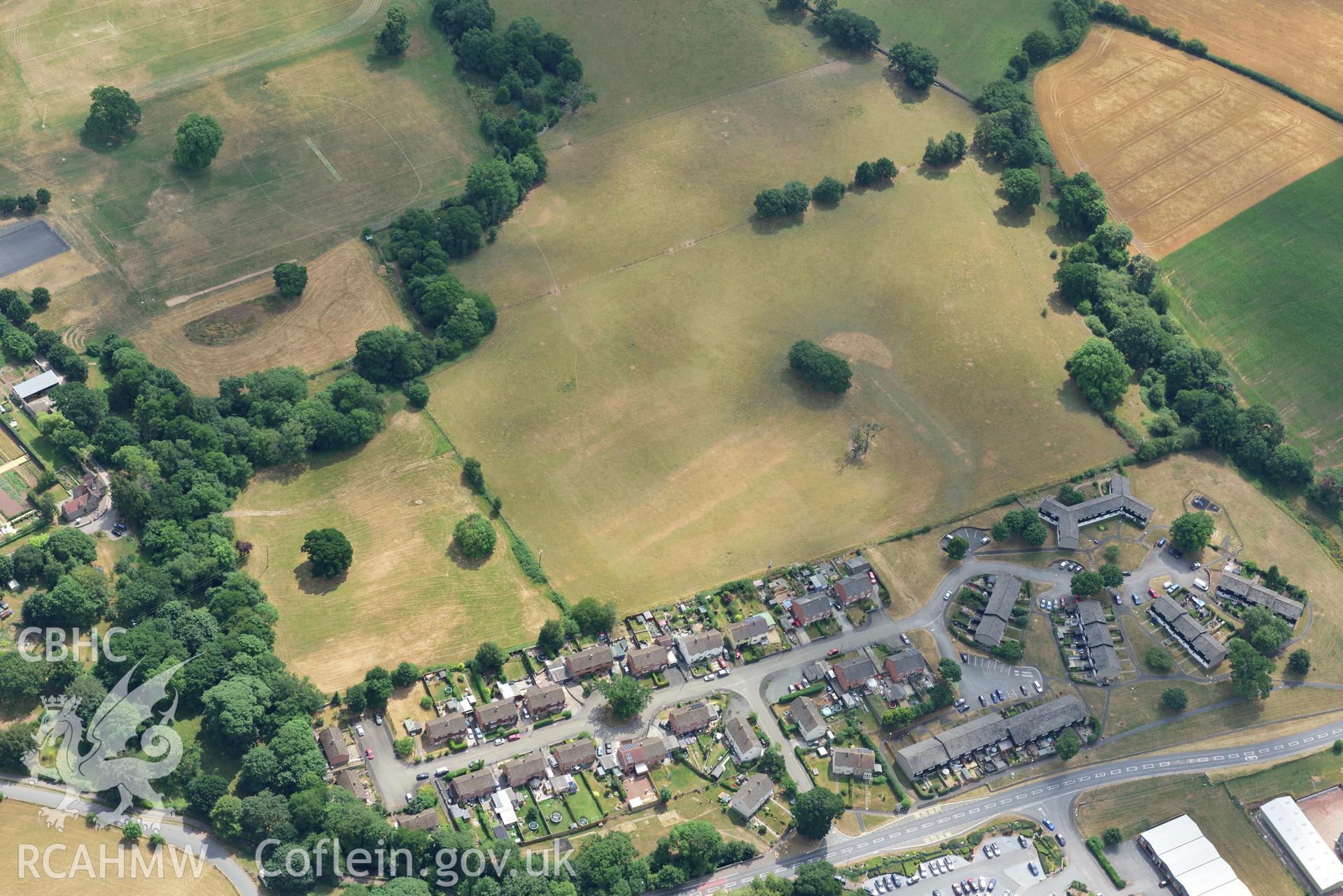 Royal Commission aerial photography of Three Cocks Roman fort taken on 19th July 2018 during the 2018 drought.