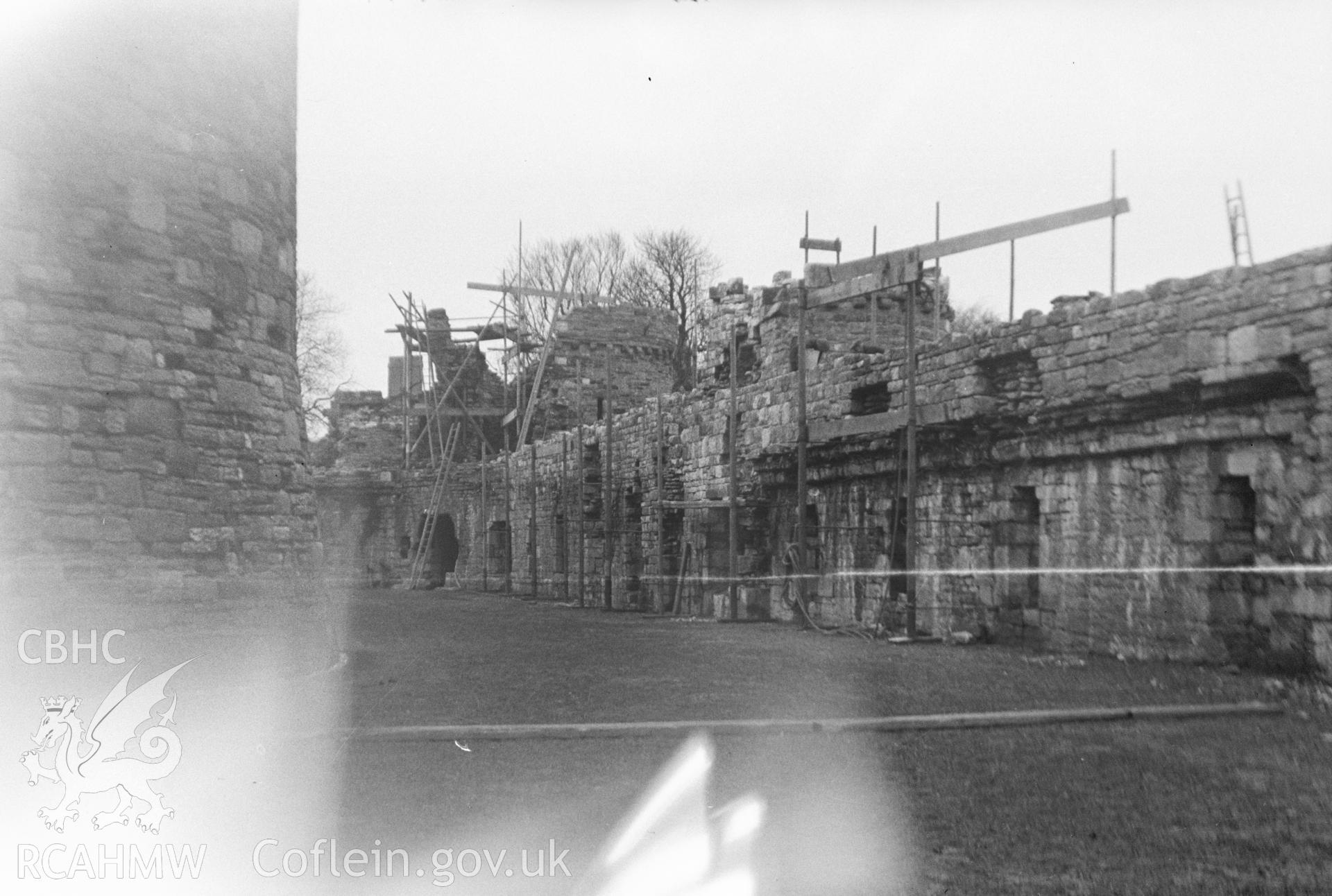 Digital copy of a c.1928 nitrate negative showing view of Beaumaris Castle.