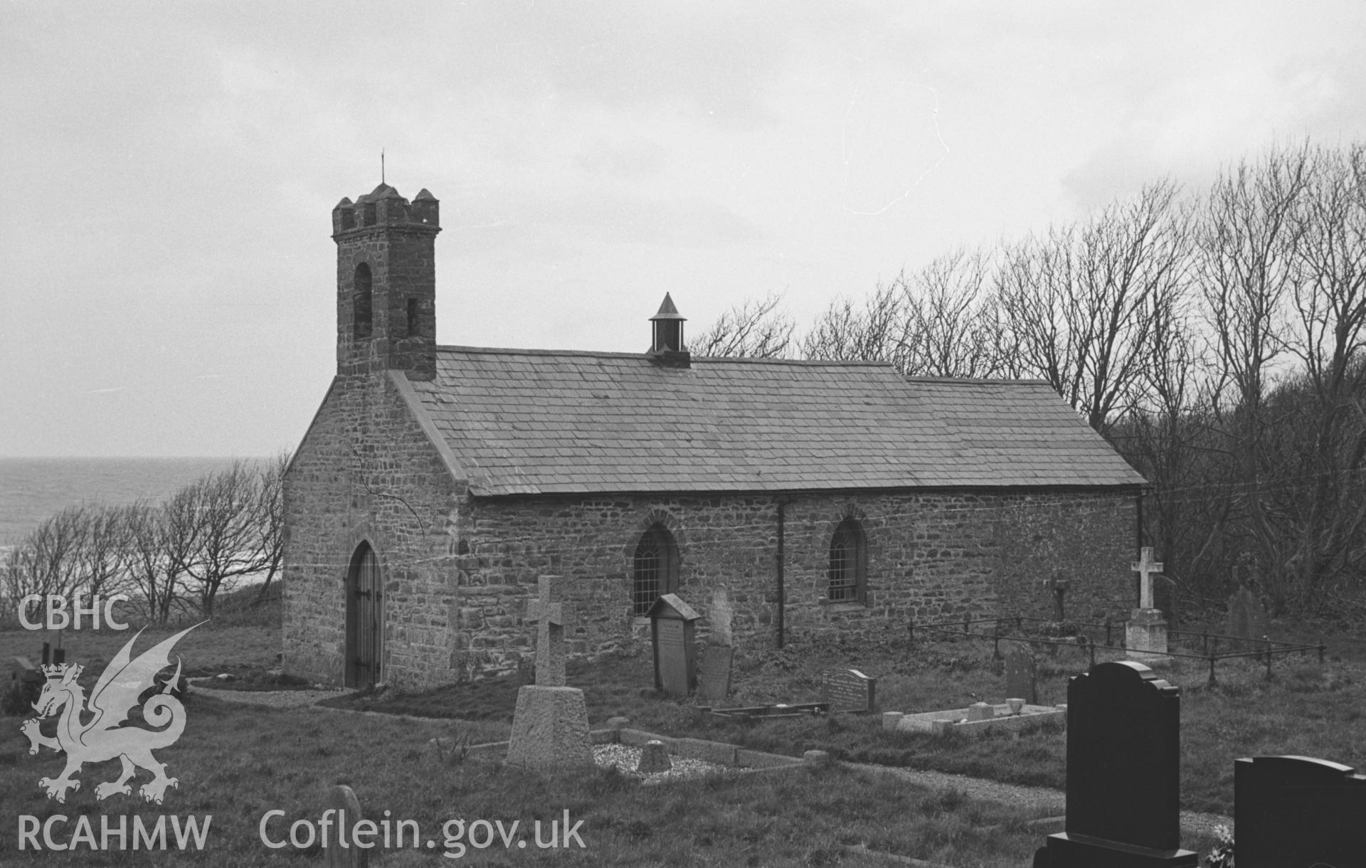 Digital copy of a black and white negative showing exterior view of St. Ina's church, Llanina, near New Quay. Photographed by Arthur O. Chater in April 1966 from Grid Reference SN 405 598, looking north east.