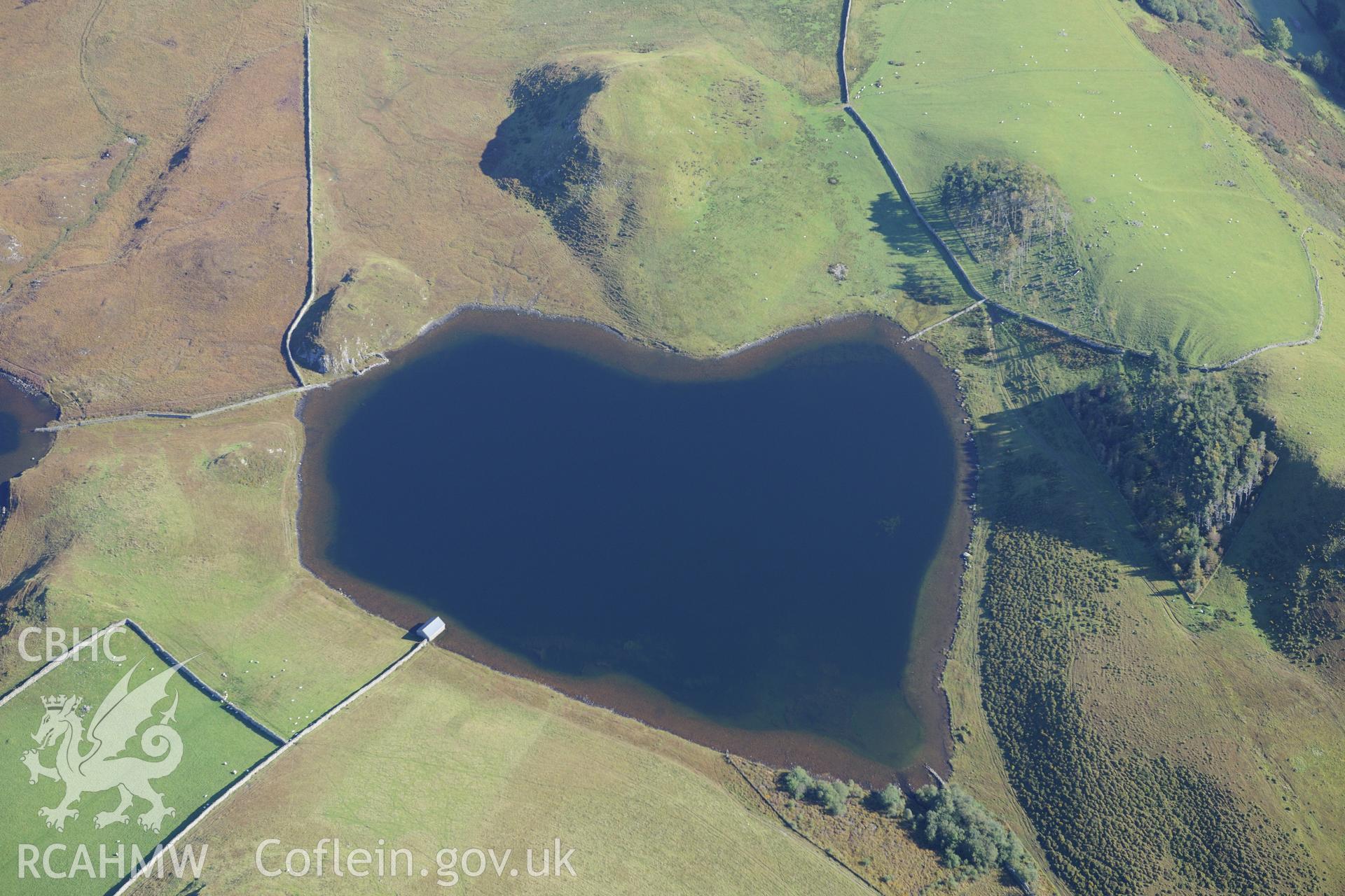 Boathouse on the smaller Llyn Cregennen on the slopes of Cadair Idris. Oblique aerial photograph taken during the Royal Commission's programme of archaeological aerial reconnaissance by Toby Driver on 2nd October 2015.