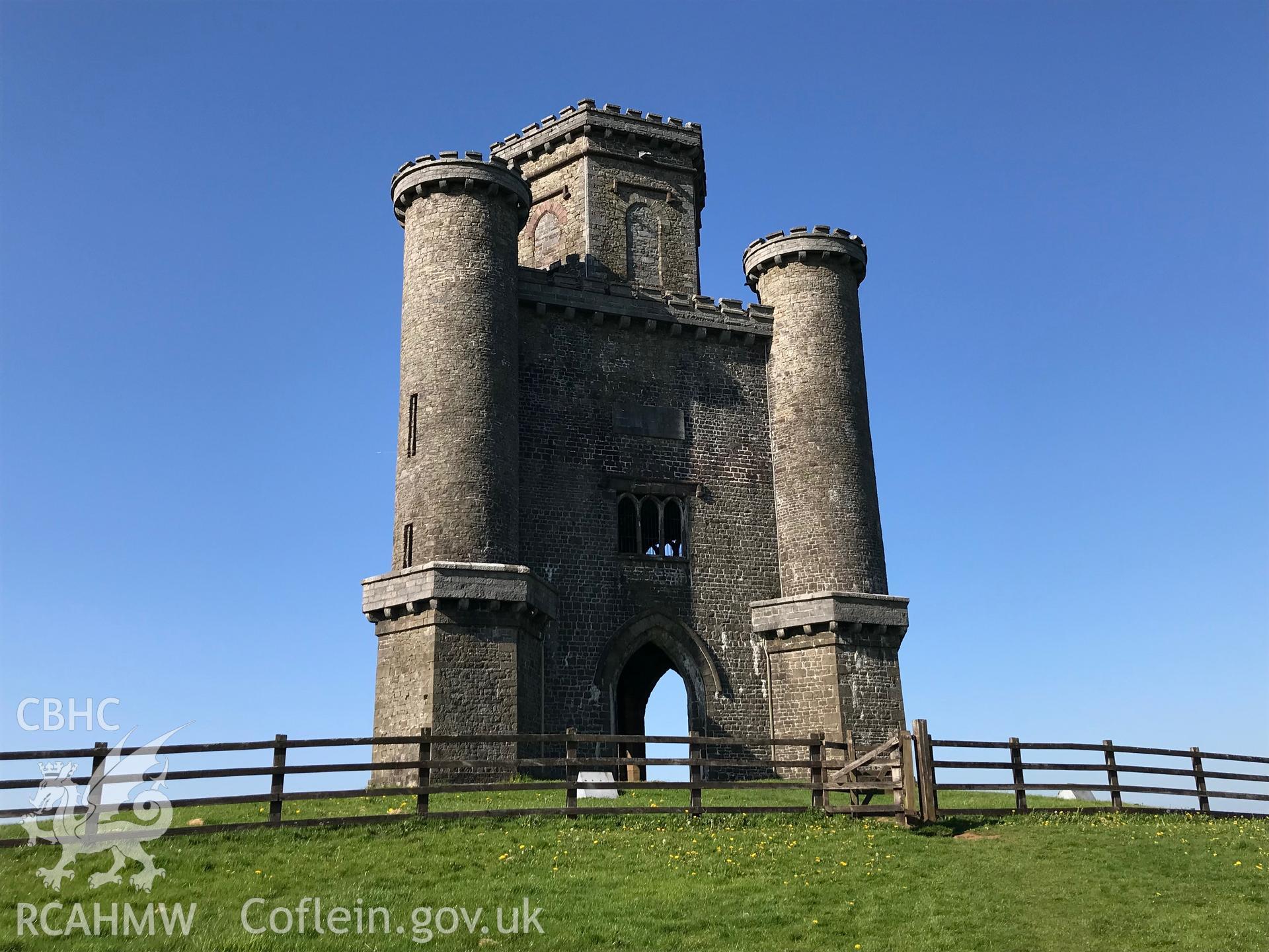 Colour photo showing view of Nelson's Tower near Middleton Hall, Llanarthney, taken by Paul R. Davis, 6th May 2018.