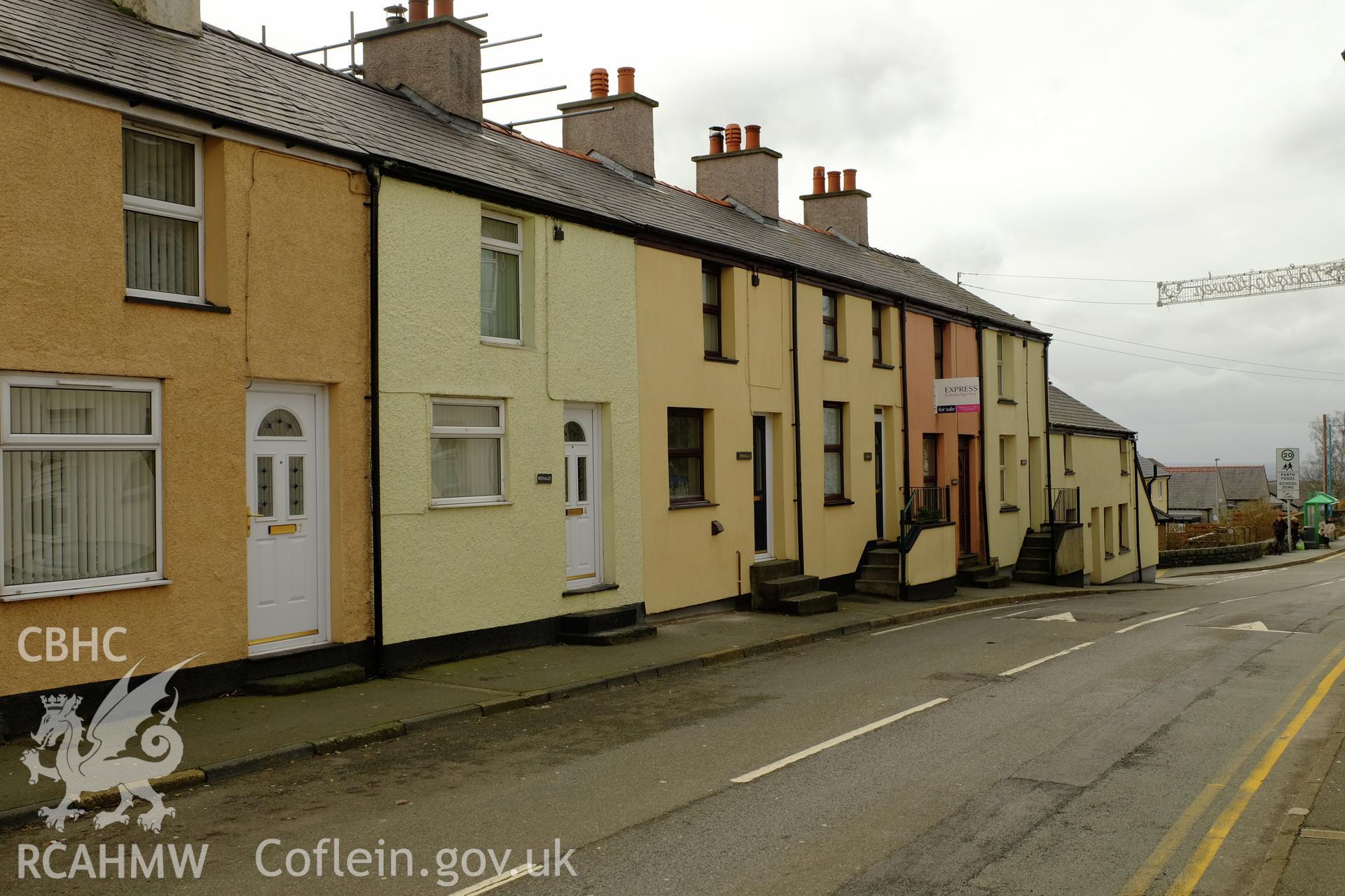 Colour photograph showing view looking west at Stryd Fawr (south side), Deiniolen, produced by Richard Hayman 7th March 2017