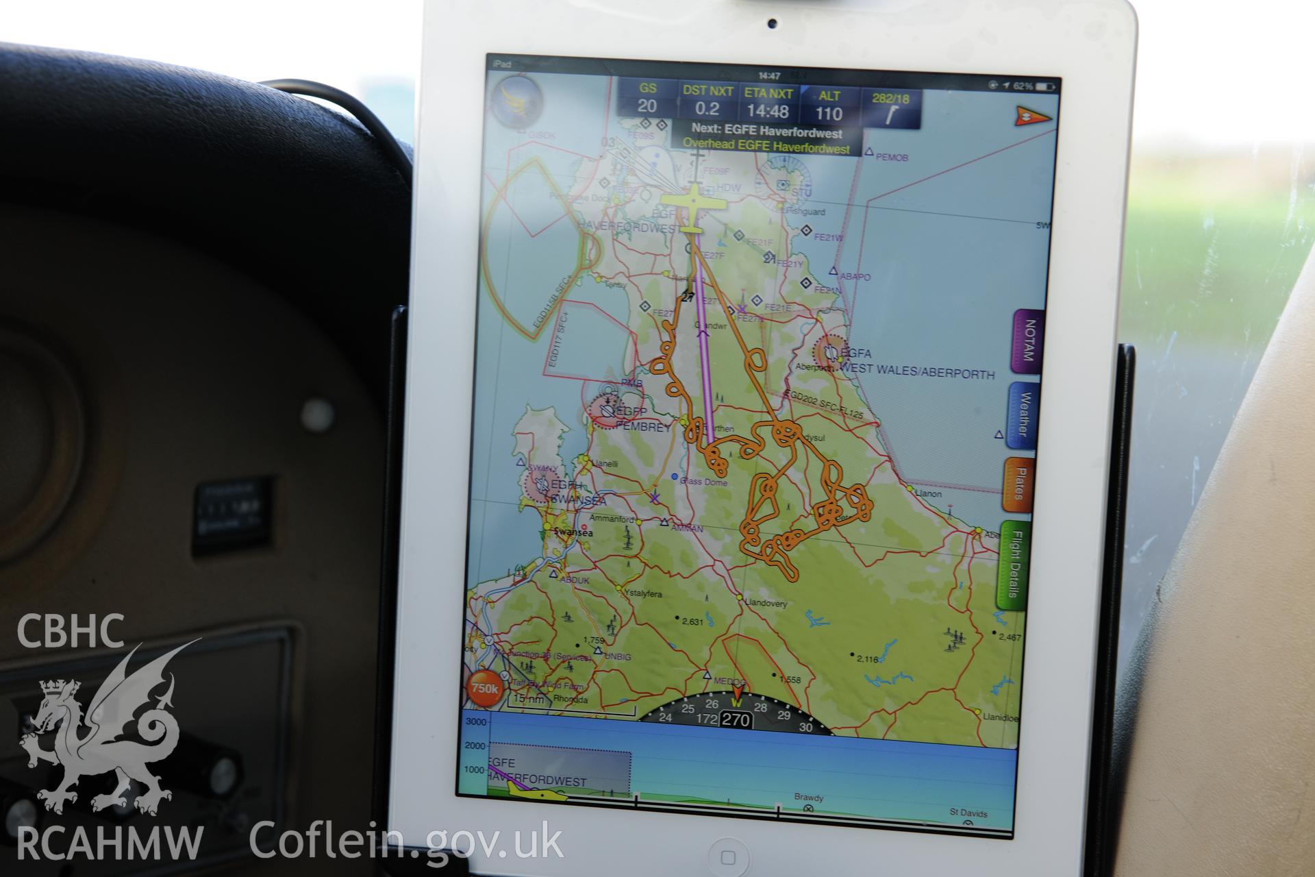 In cockpit shot at Haverfordwest Airfield. Taken during the Royal Commission's programme of archaeological aerial reconnaissance by Toby Driver on 6th January 2015.