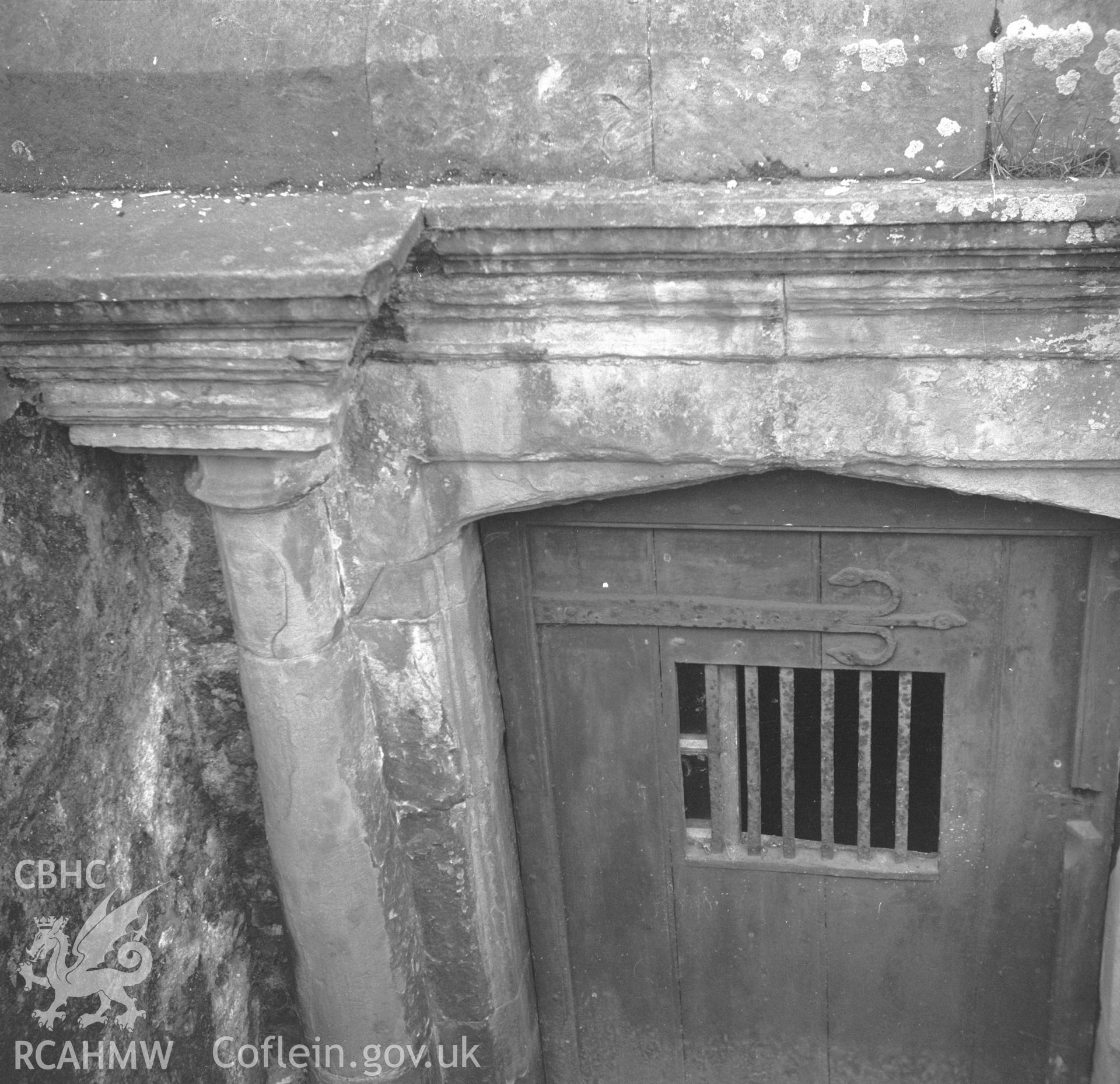 Digital copy of an undated nitrate negative showing detail view of exterior door at Bodrhyddan Hall, Rhuddlan, Flintshire.