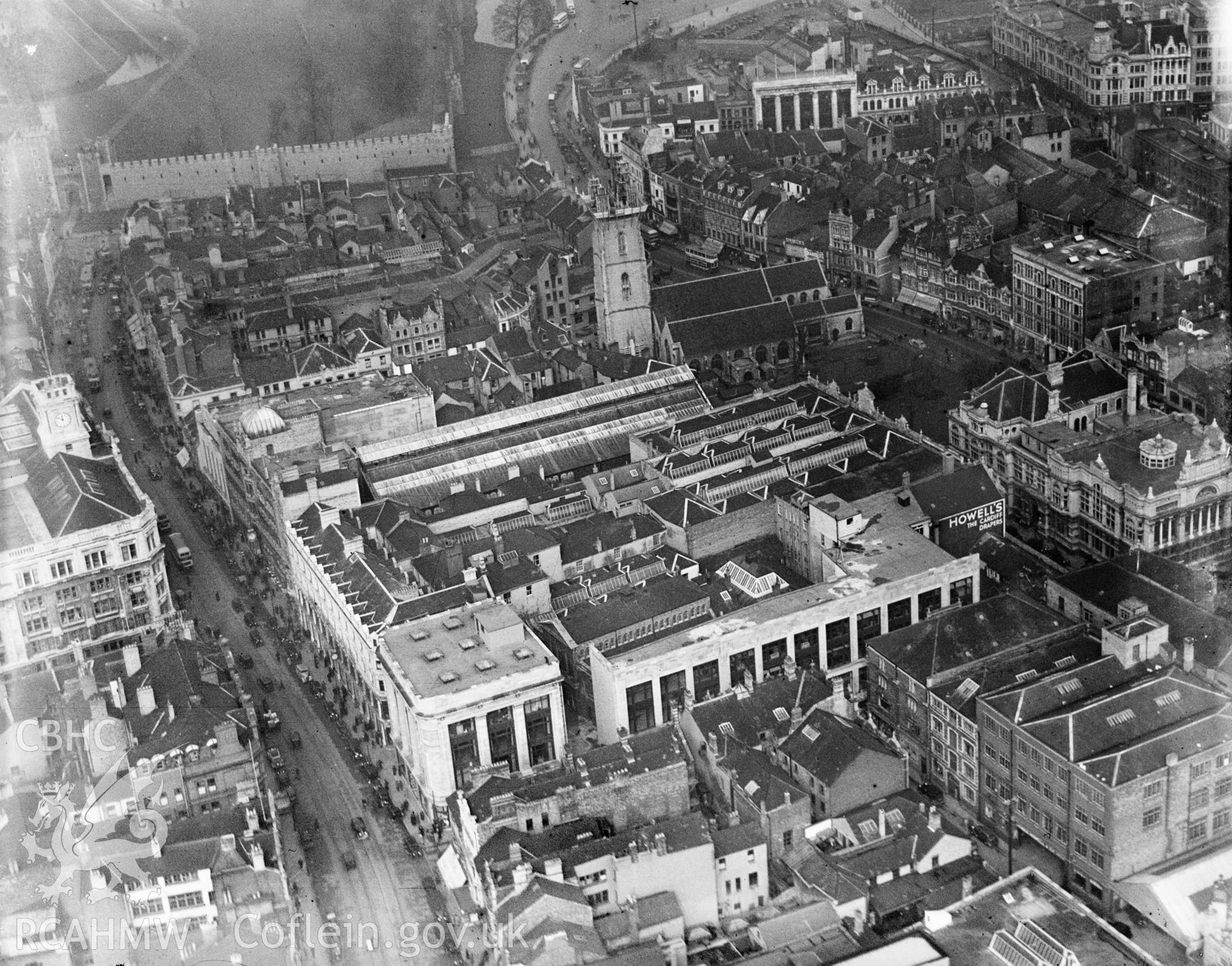 View of central Cardiff, showing James Howell & Co. Ltd., oblique aerial view. 5?x4? black and white glass plate negative.