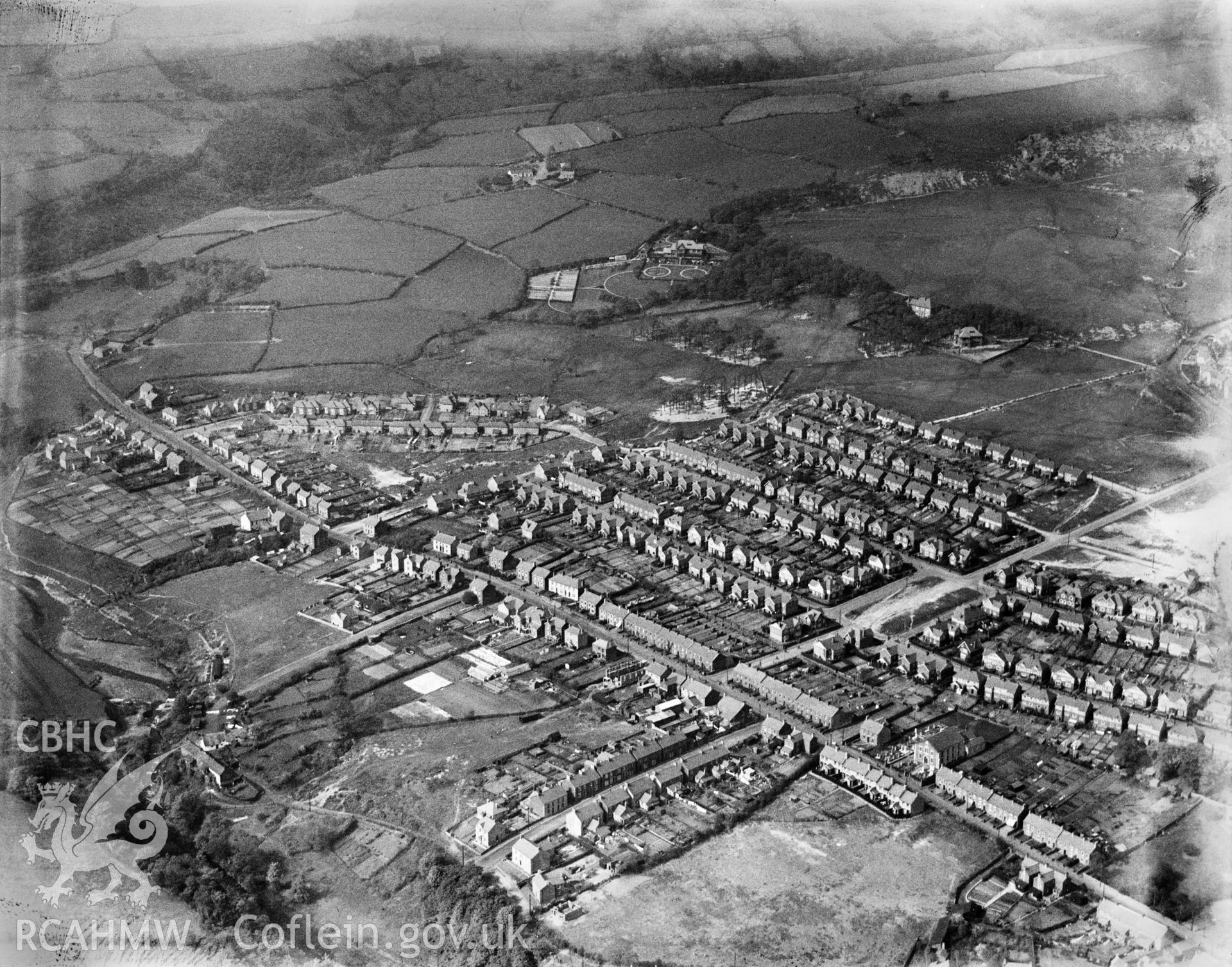 View of Clydach showing 1930's housing estate, oblique aerial view. 5?x4? black and white glass plate negative.