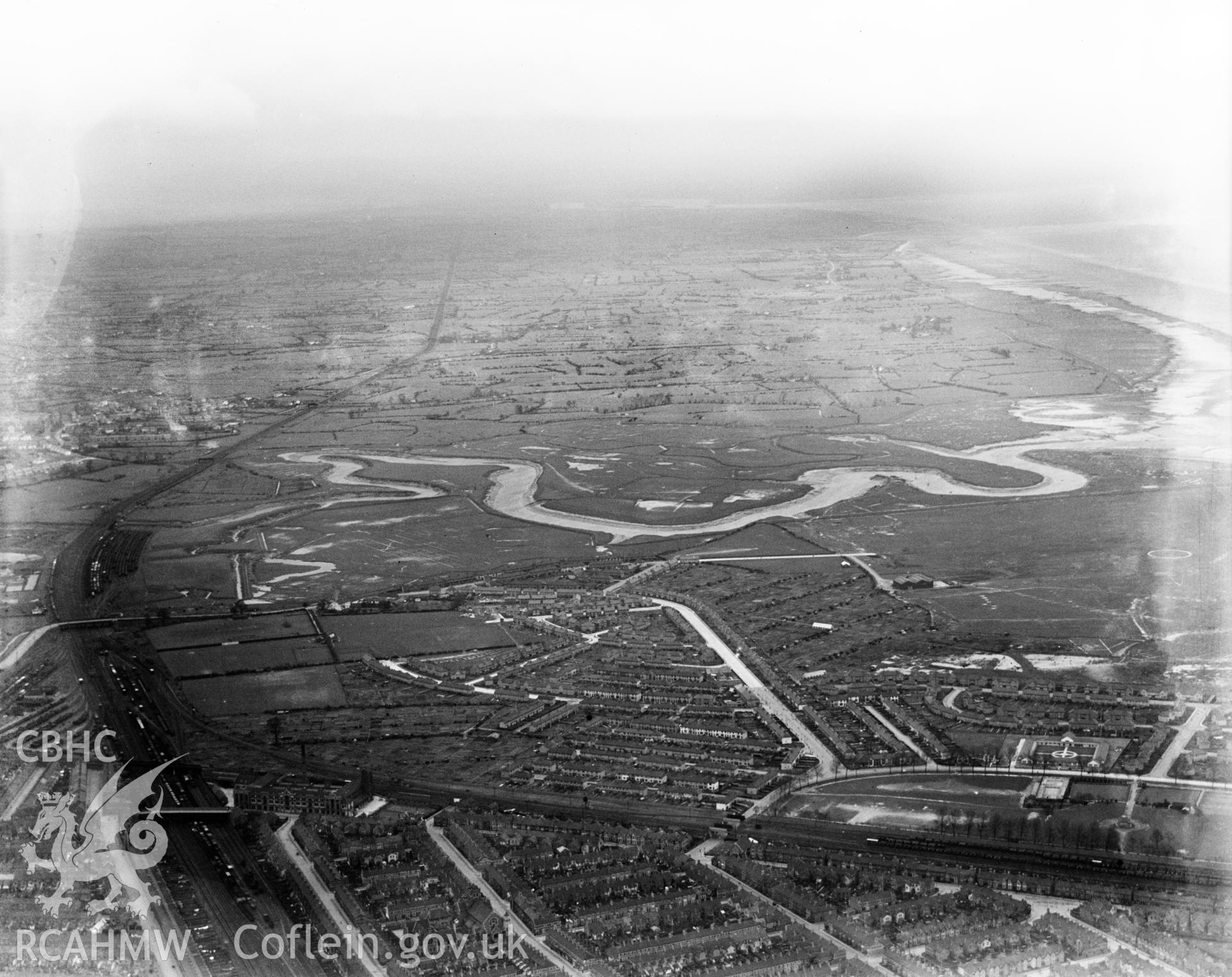 View of Splott showing park, oblique aerial view. 5?x4? black and white glass plate negative.